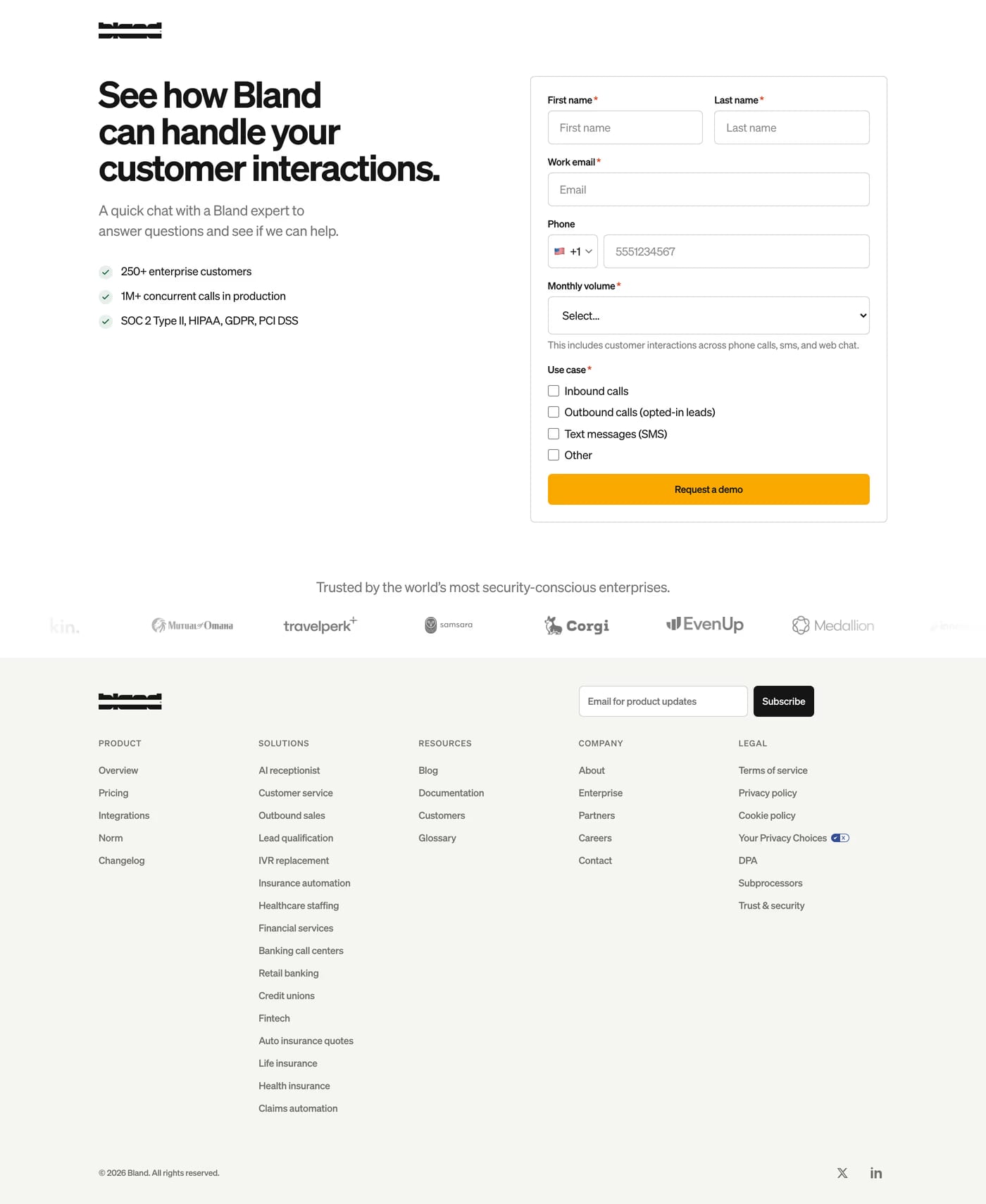 Bland AI contact page