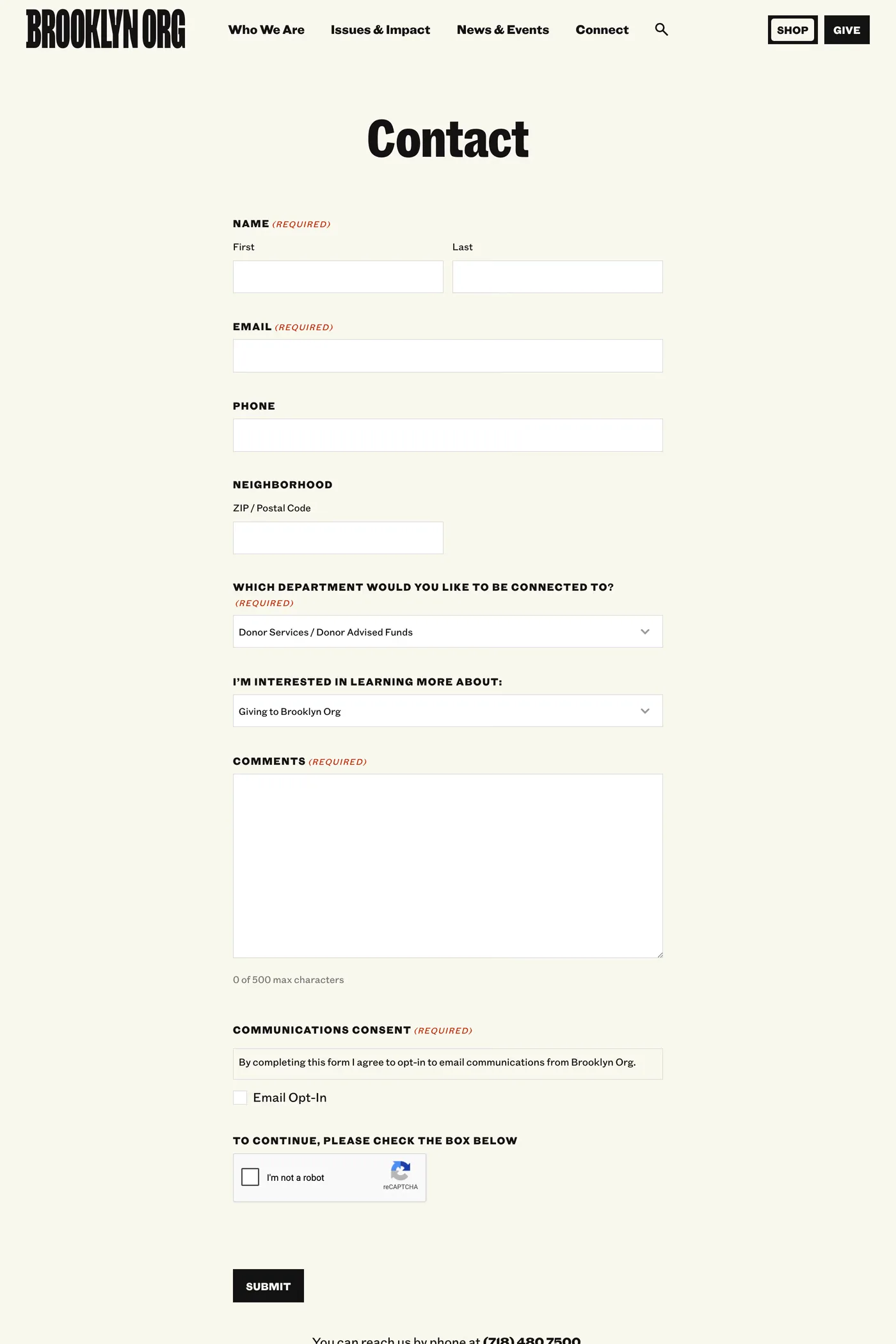 Brooklyn Org — screenshot of the contact page