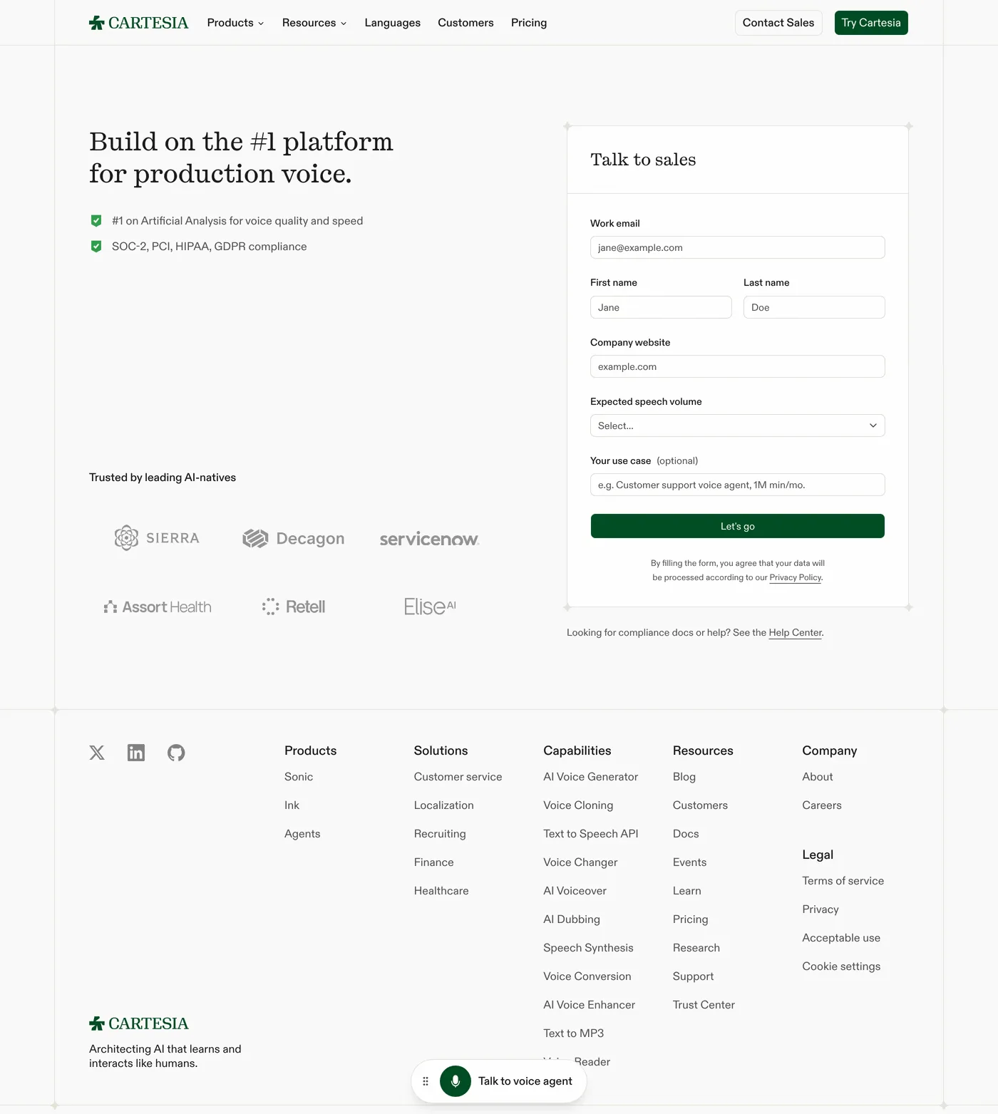 Cartesia Sonic-3 — screenshot of the contact page