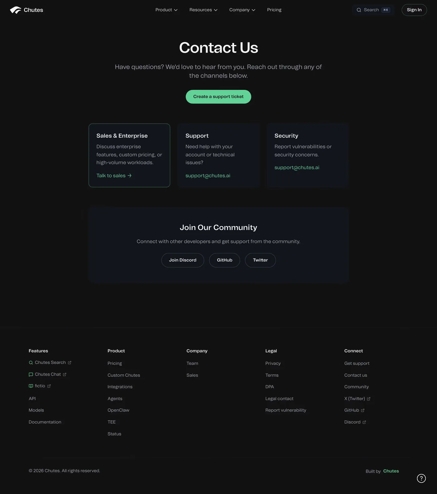 Chutes — screenshot of the contact page
