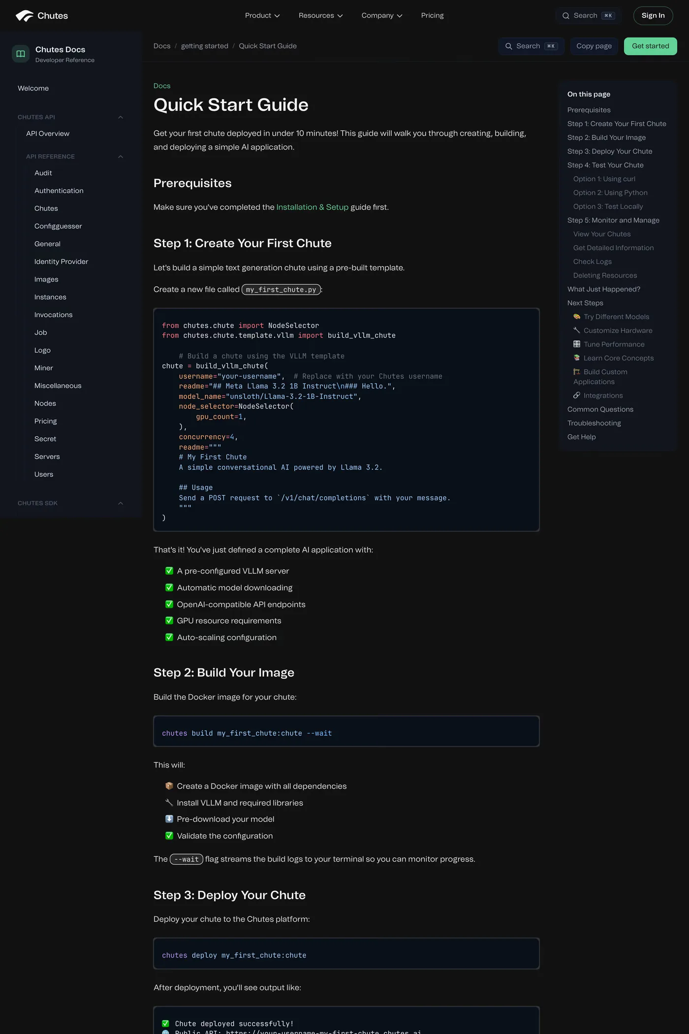 Chutes — screenshot of the docs page