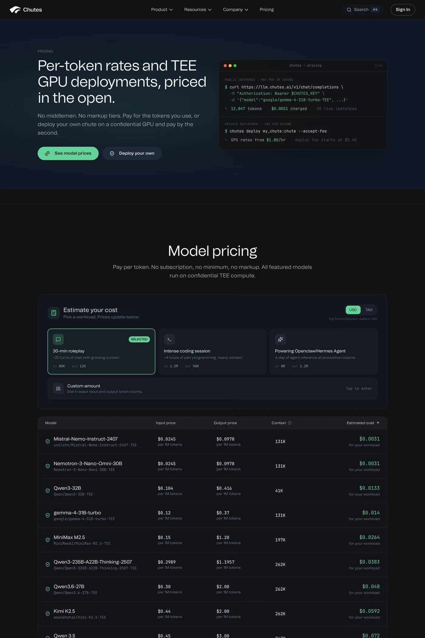 Chutes — screenshot of the pricing page