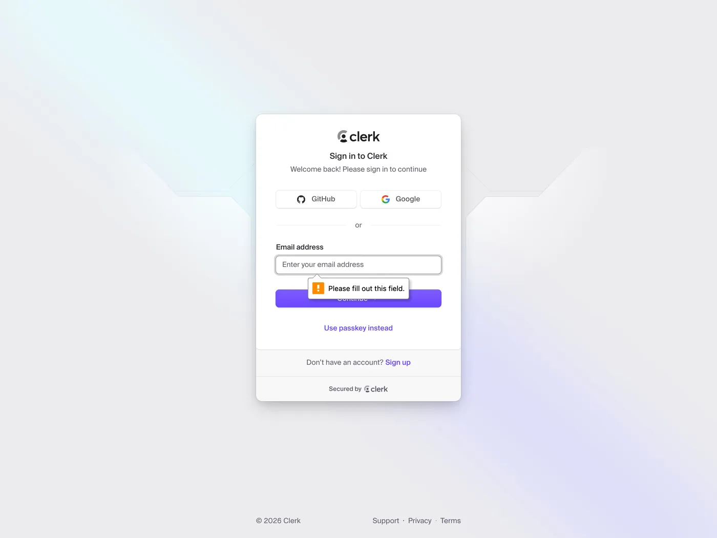 Clerk — screenshot of the login page
