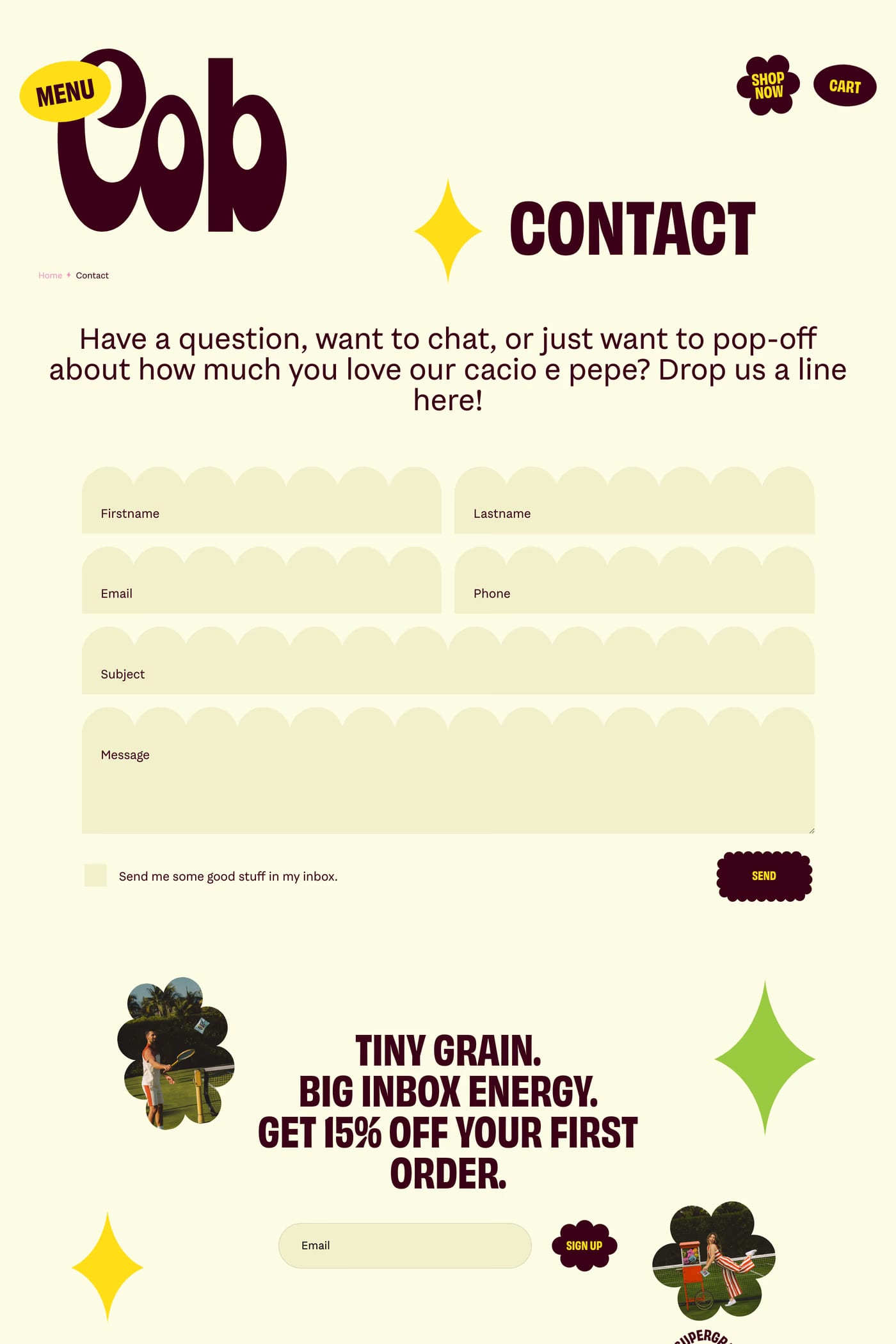 Cob — screenshot of the contact page