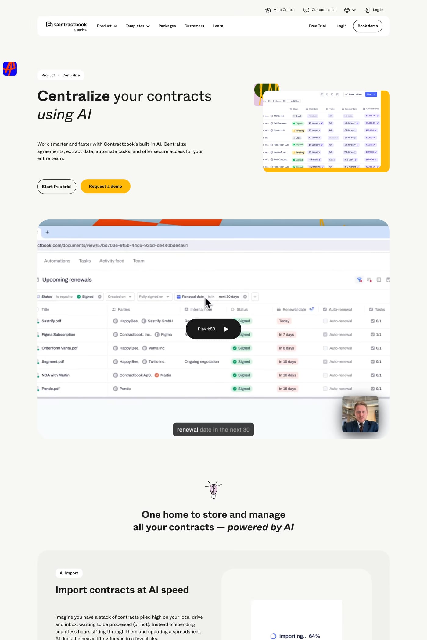 Contractbook — screenshot of the features page