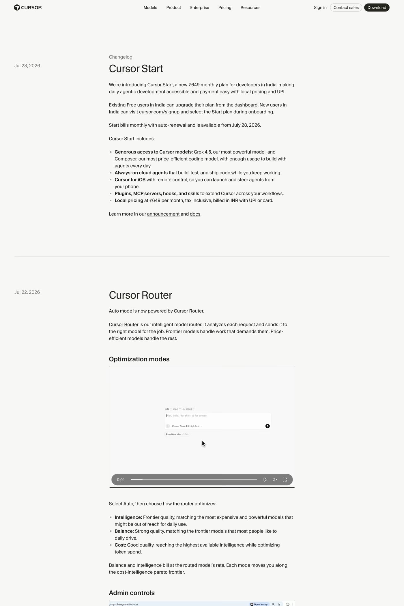 Cursor — screenshot of the changelog page