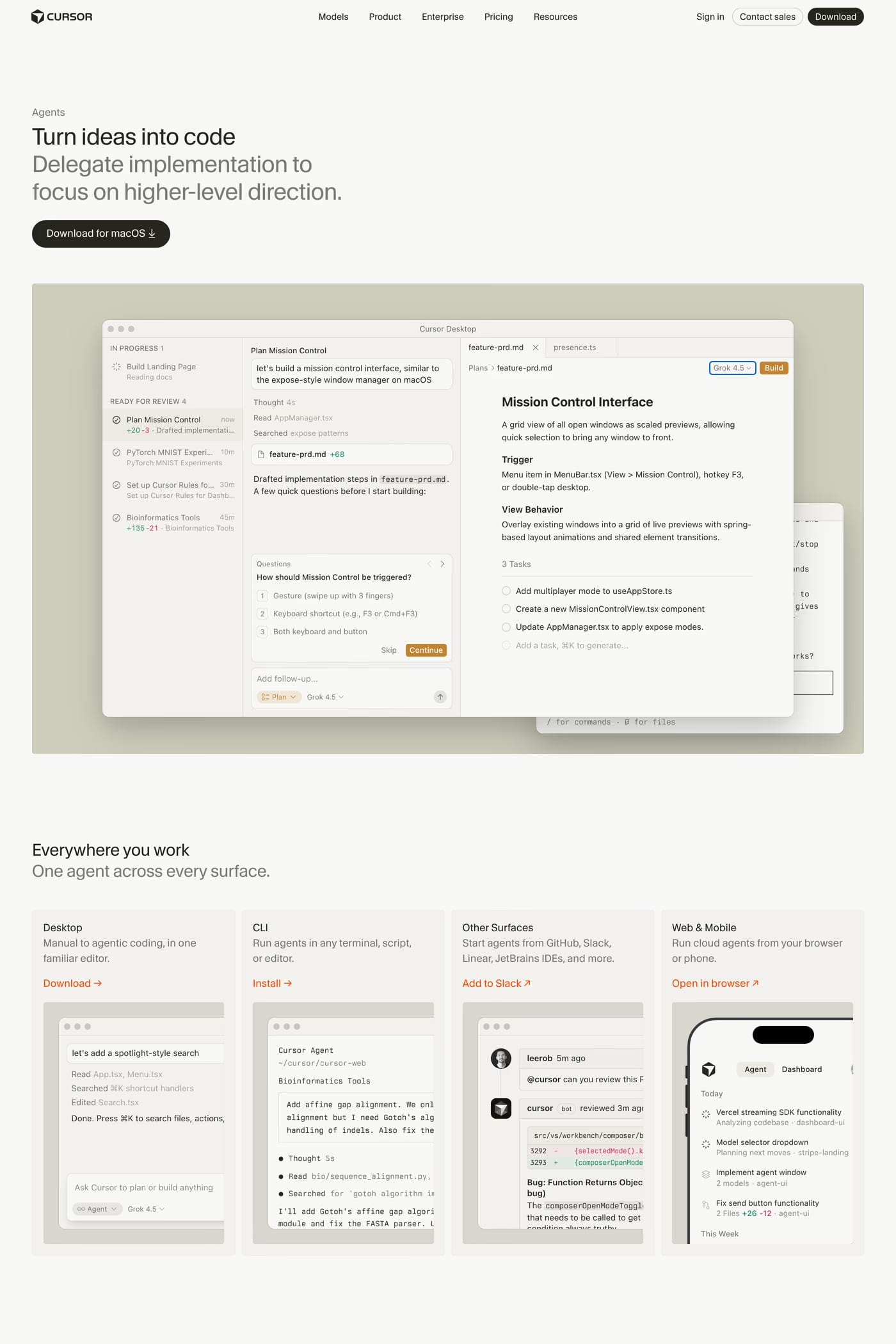 Cursor — screenshot of the features page