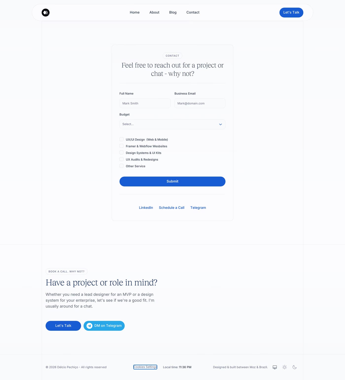 Delcio Designs — screenshot of the contact page