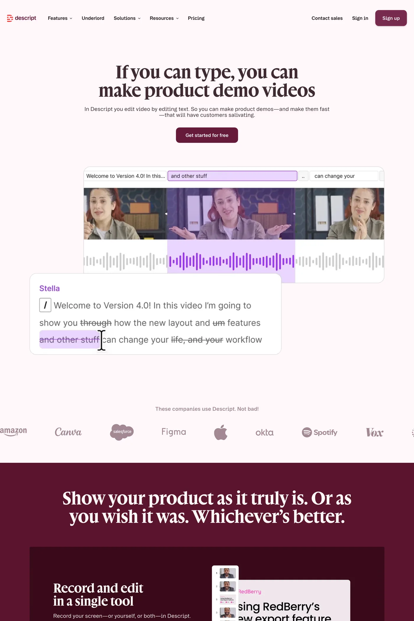 Descript — screenshot of the features page
