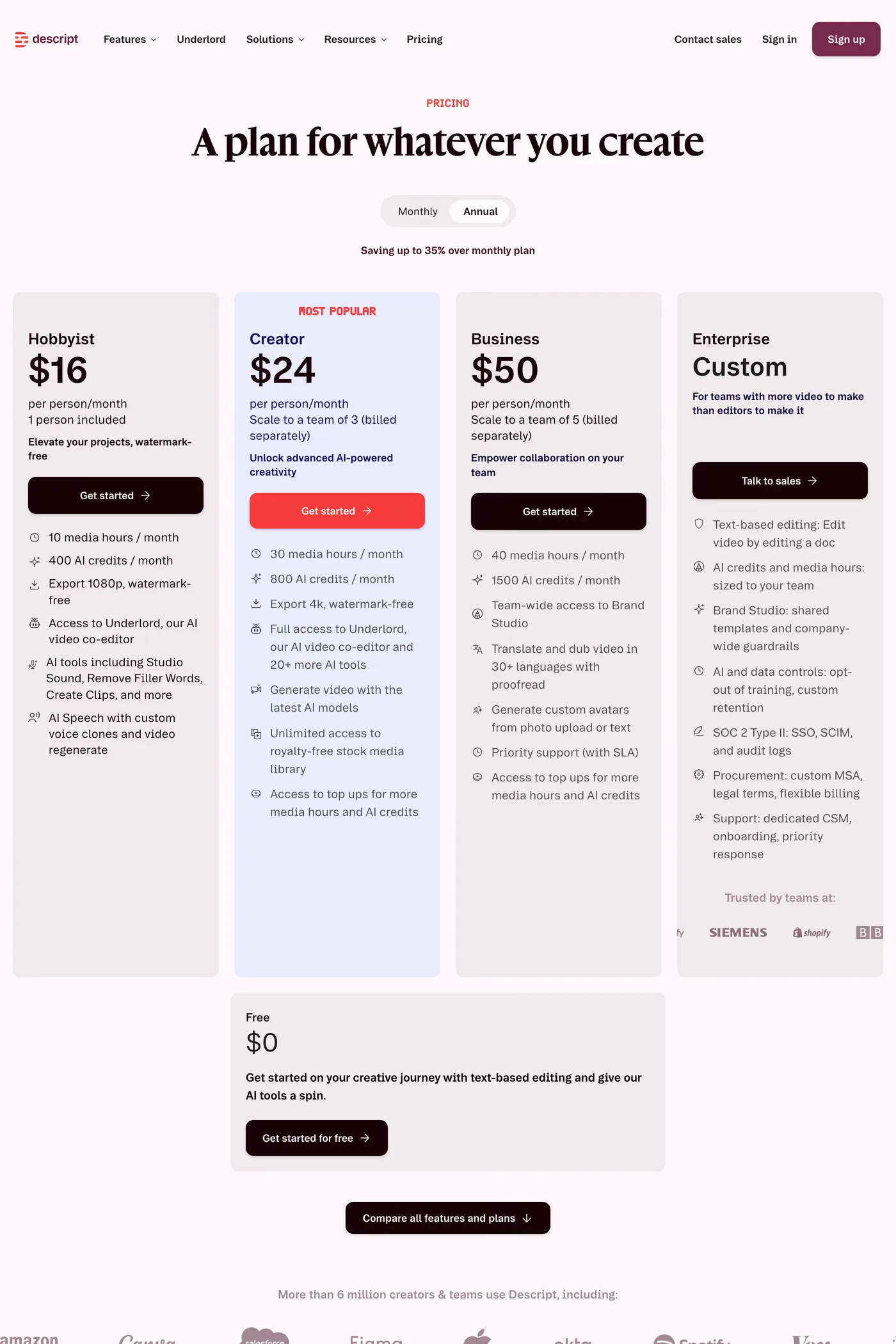 Descript — screenshot of the pricing page