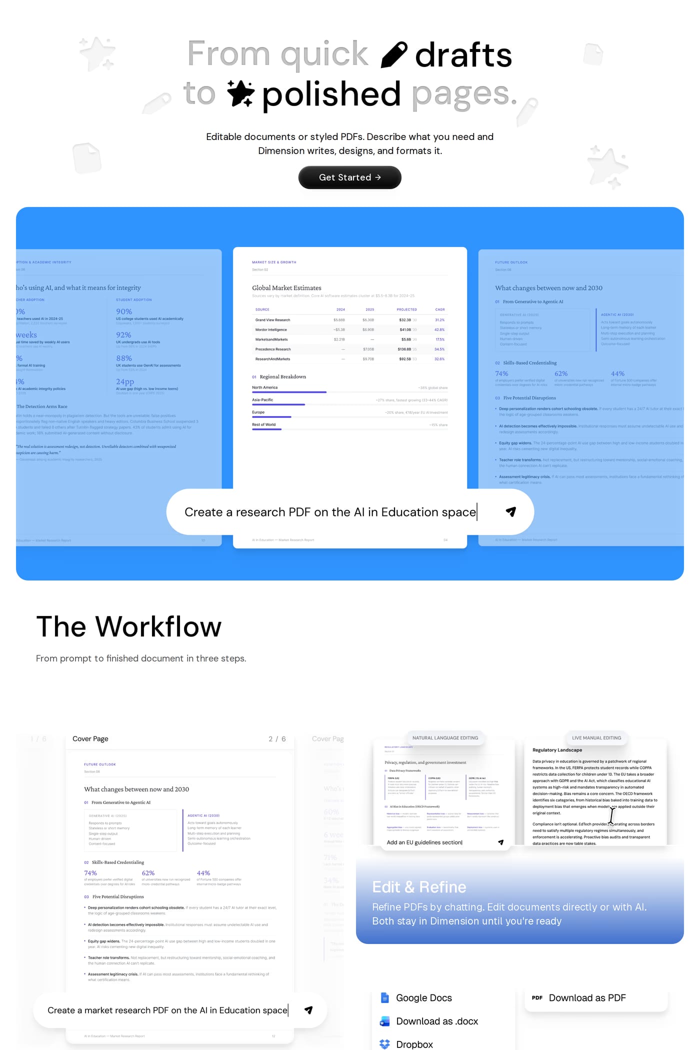 Dimension — screenshot of the features page