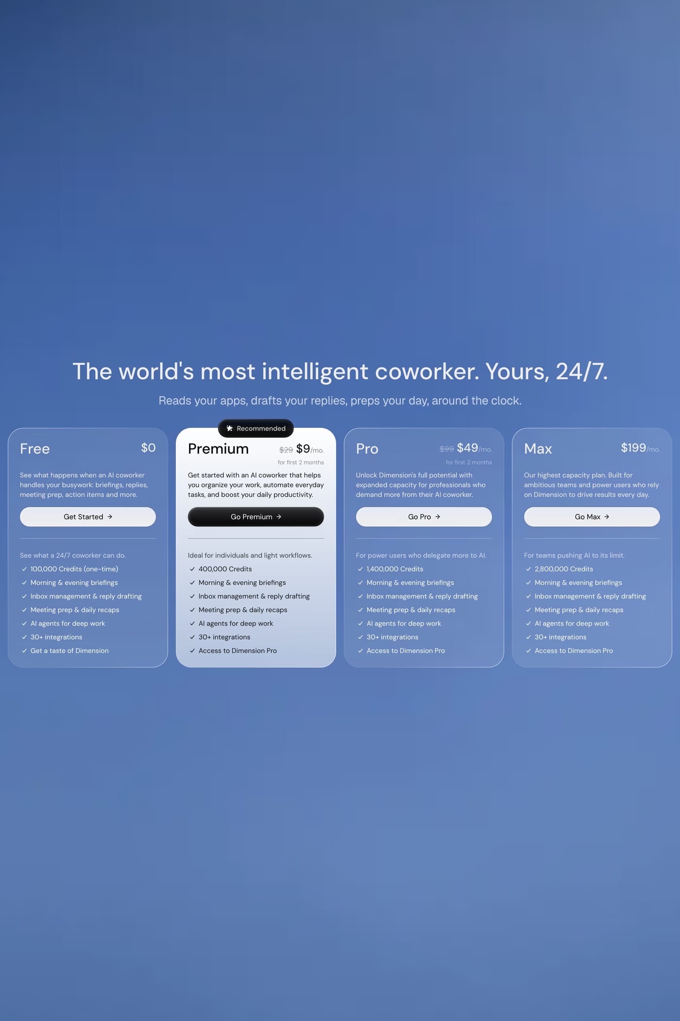 Dimension — screenshot of the pricing page