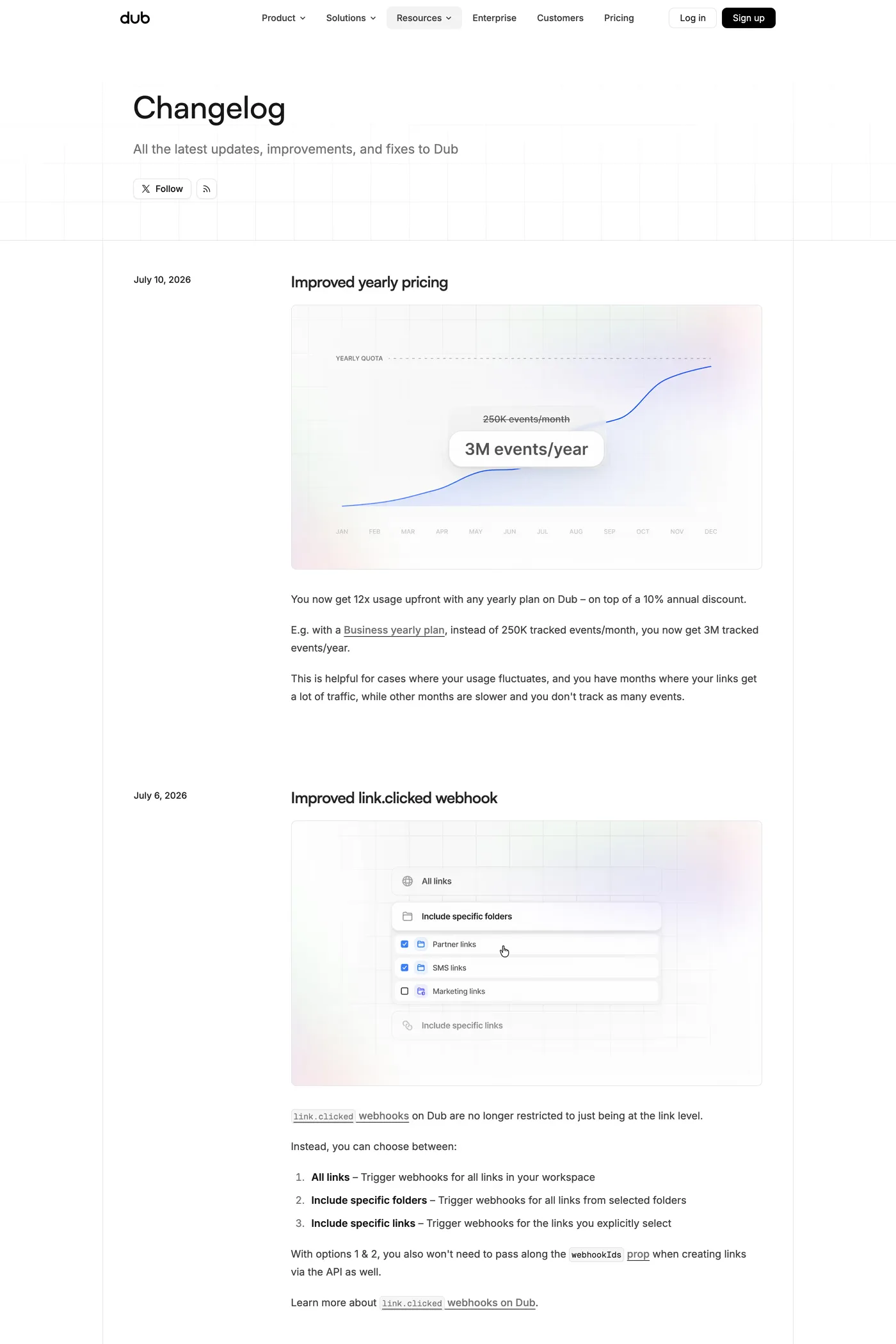 Dub — screenshot of the changelog page
