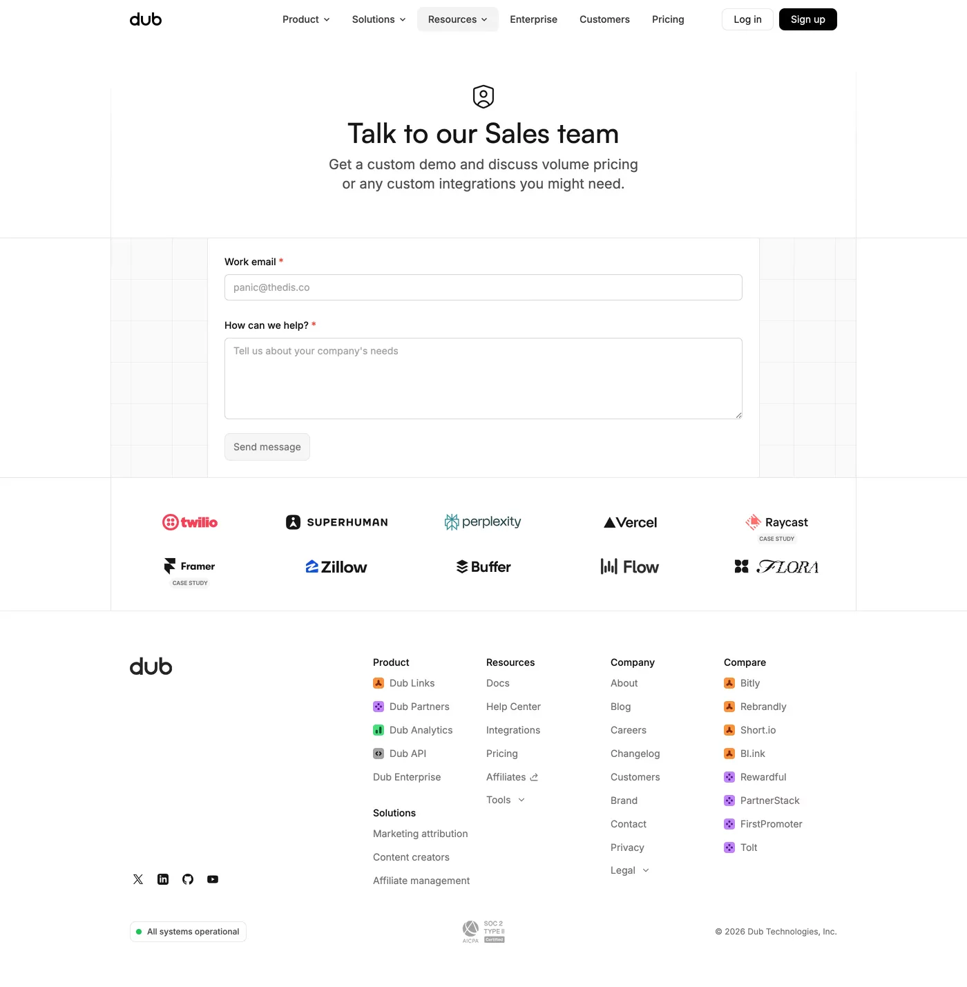 Dub — screenshot of the contact page