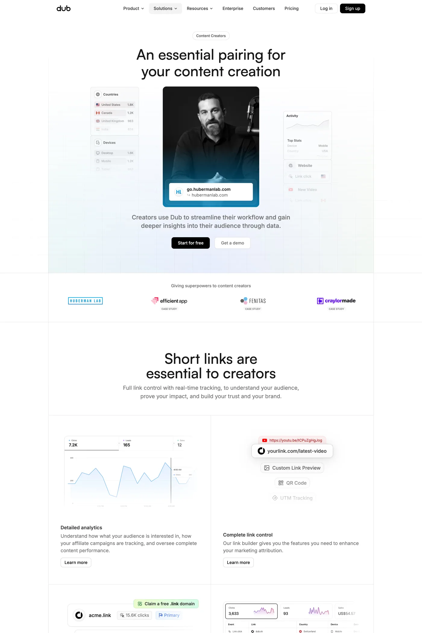 Dub — screenshot of the features page