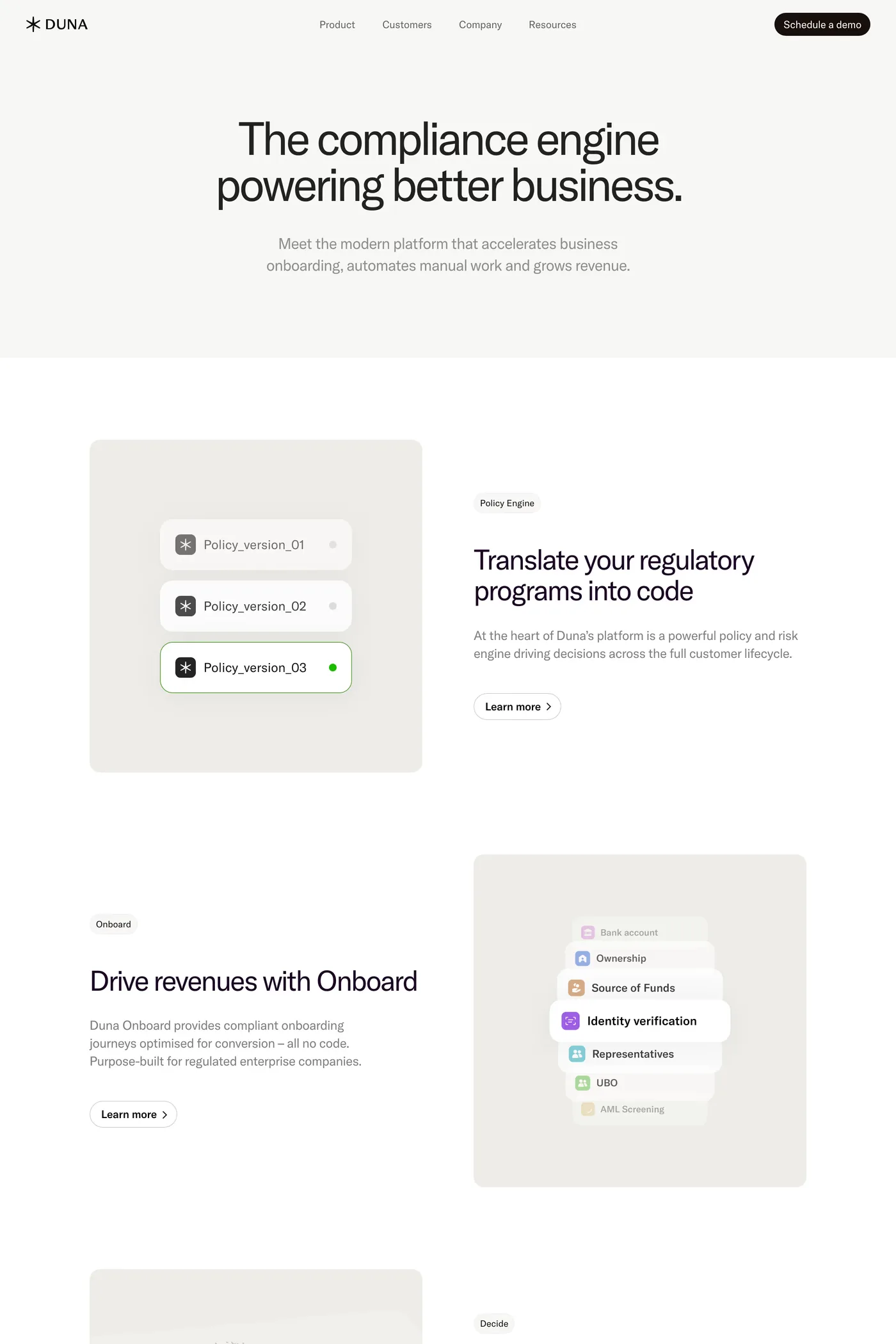 Duna — screenshot of the features page