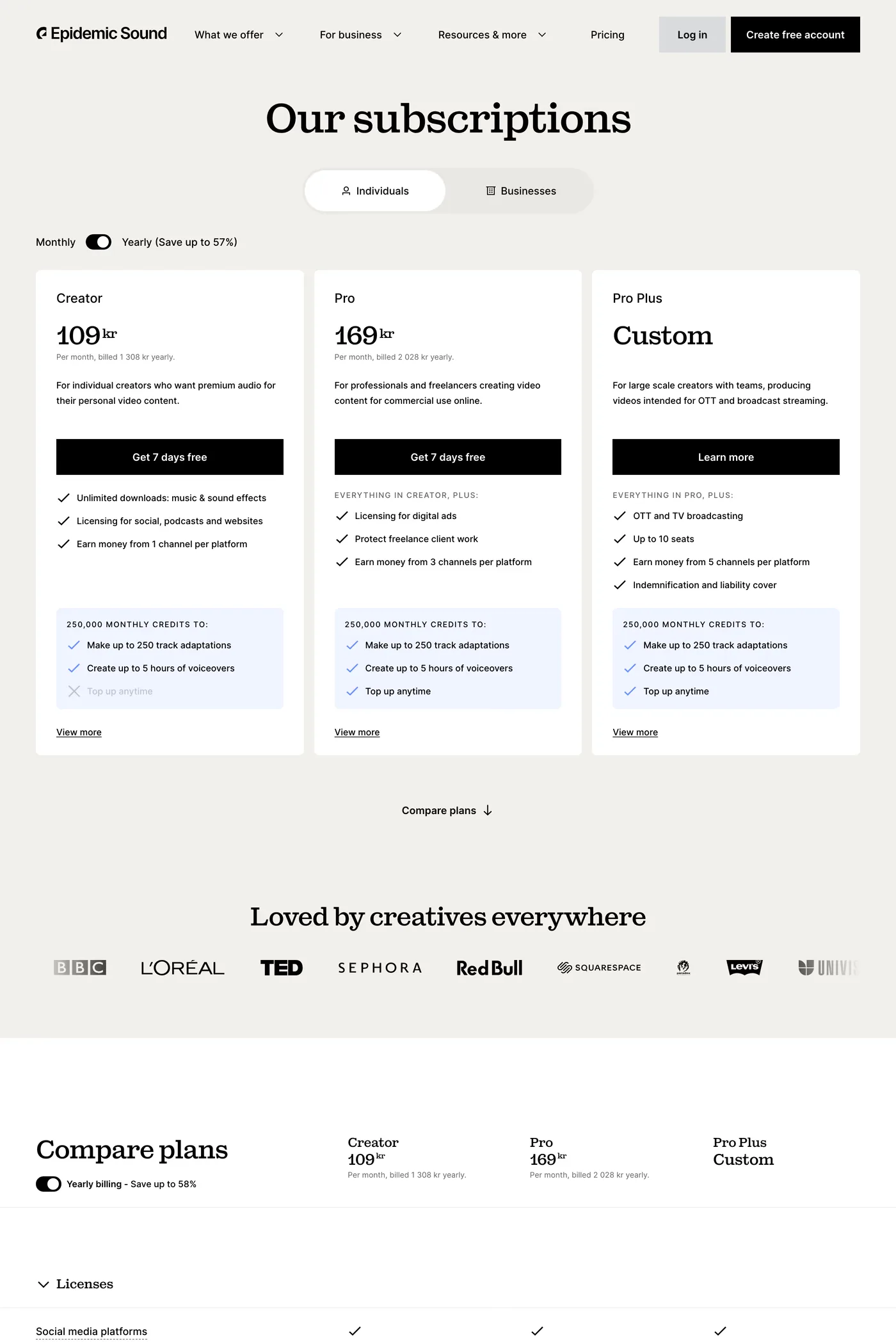 Epidemic Sound — screenshot of the pricing page
