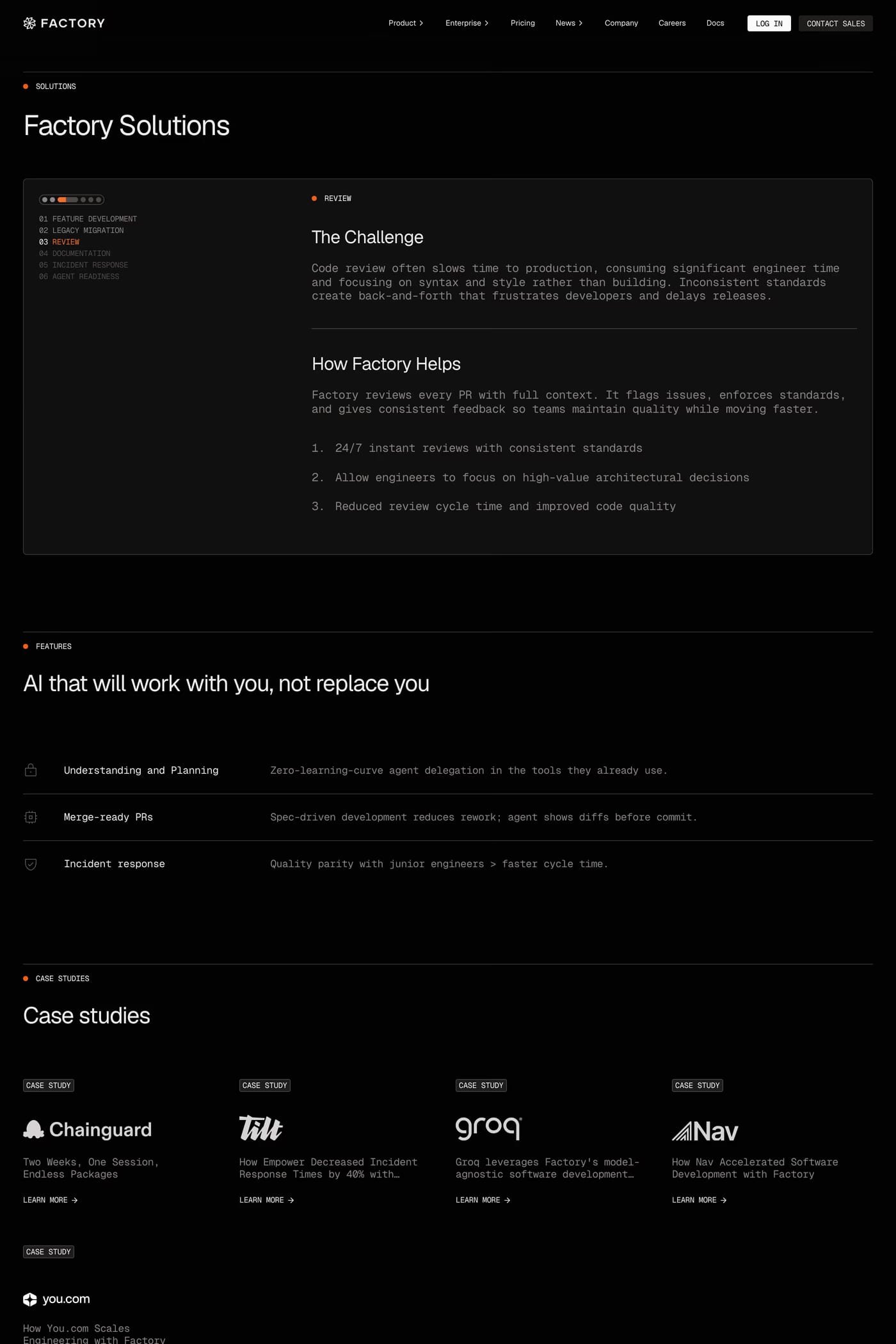Factory — screenshot of the features page