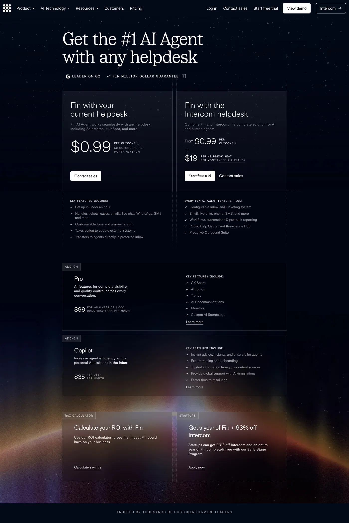 Fin — screenshot of the pricing page