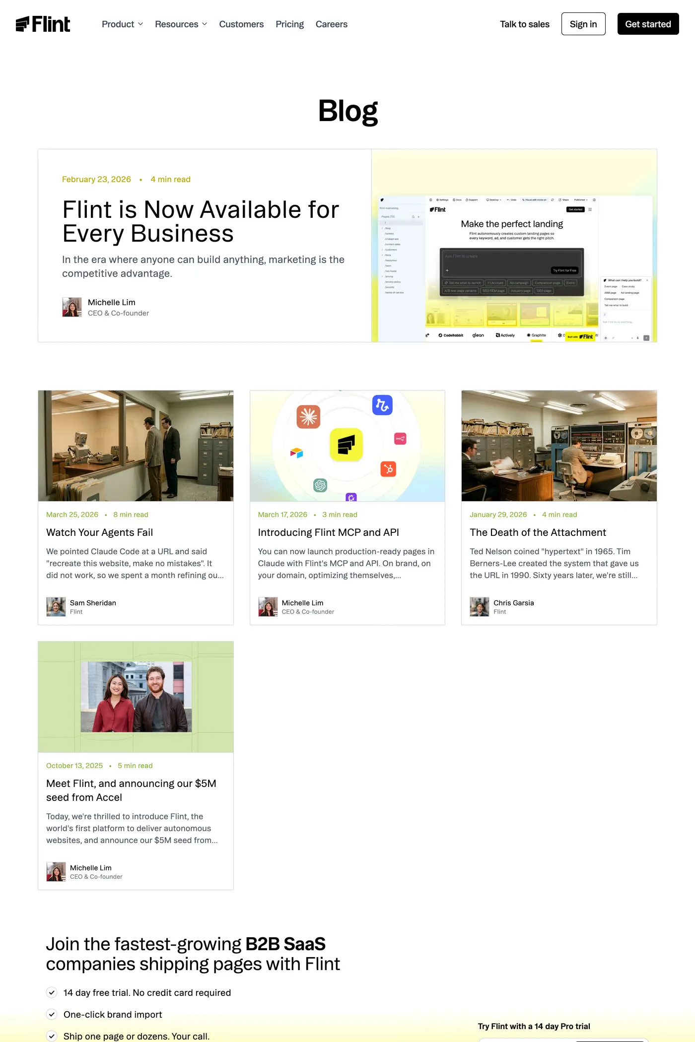 Flint — screenshot of the blog page