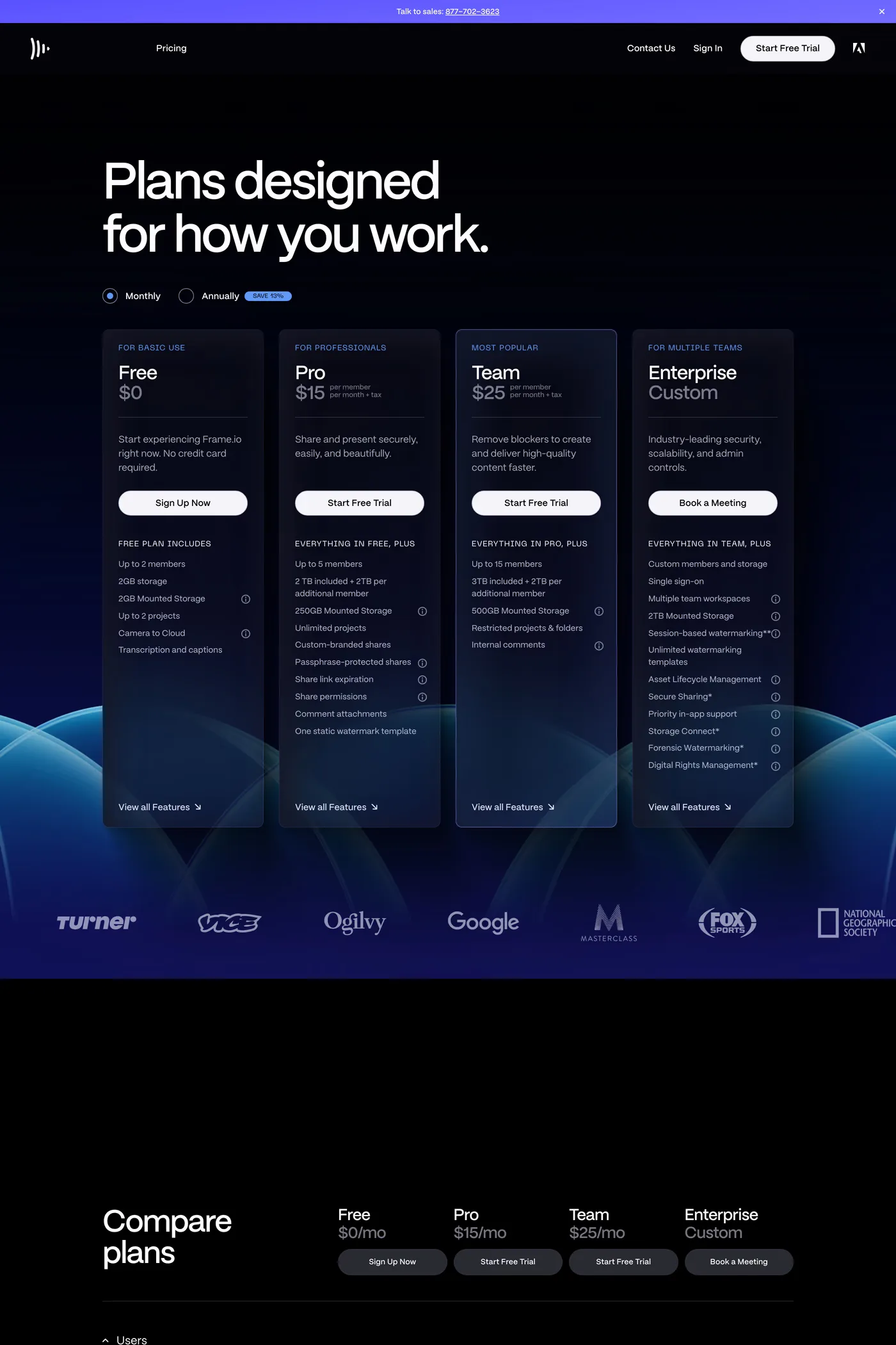 Frame.io — screenshot of the pricing page