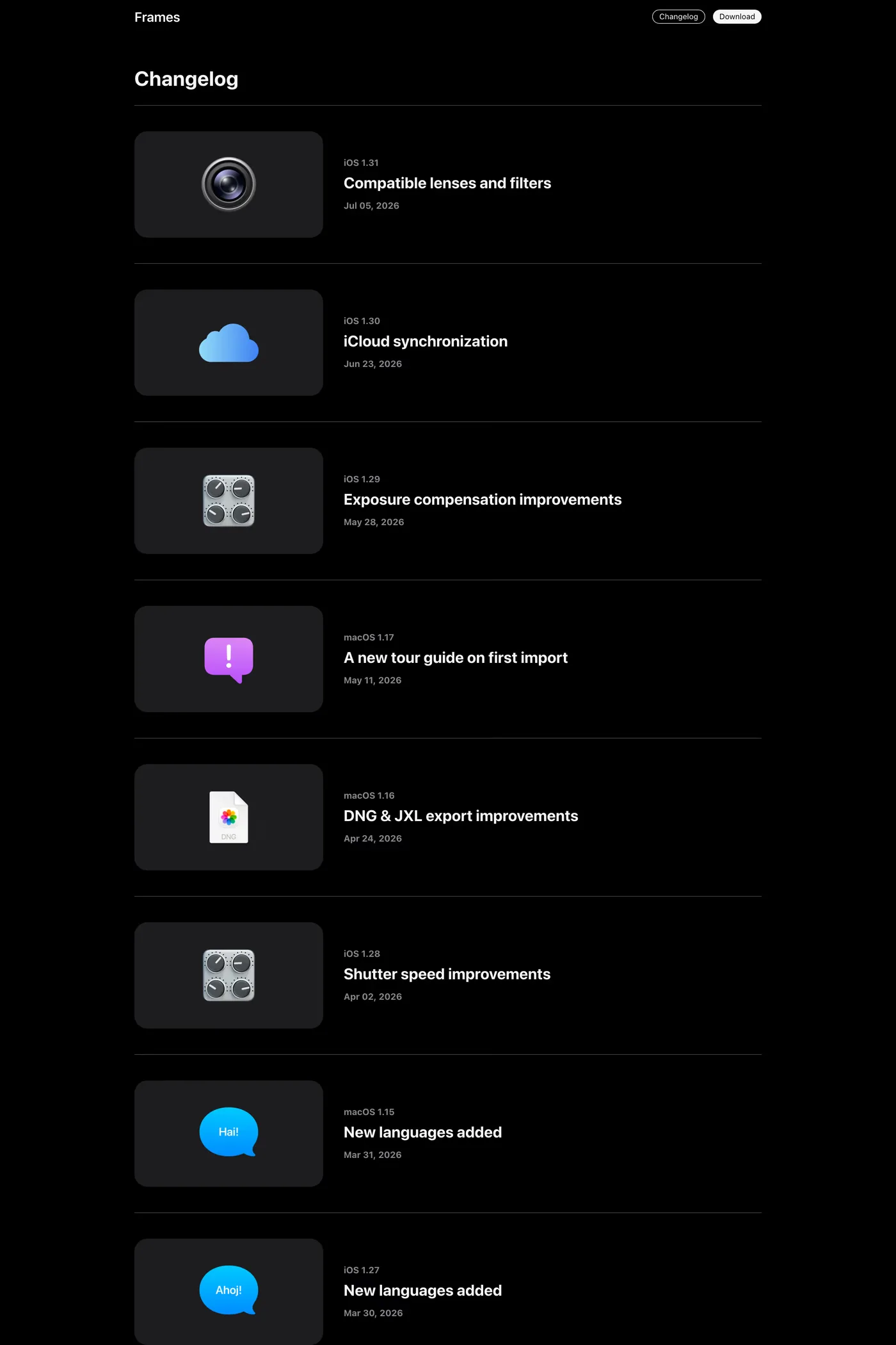Frames — screenshot of the changelog page