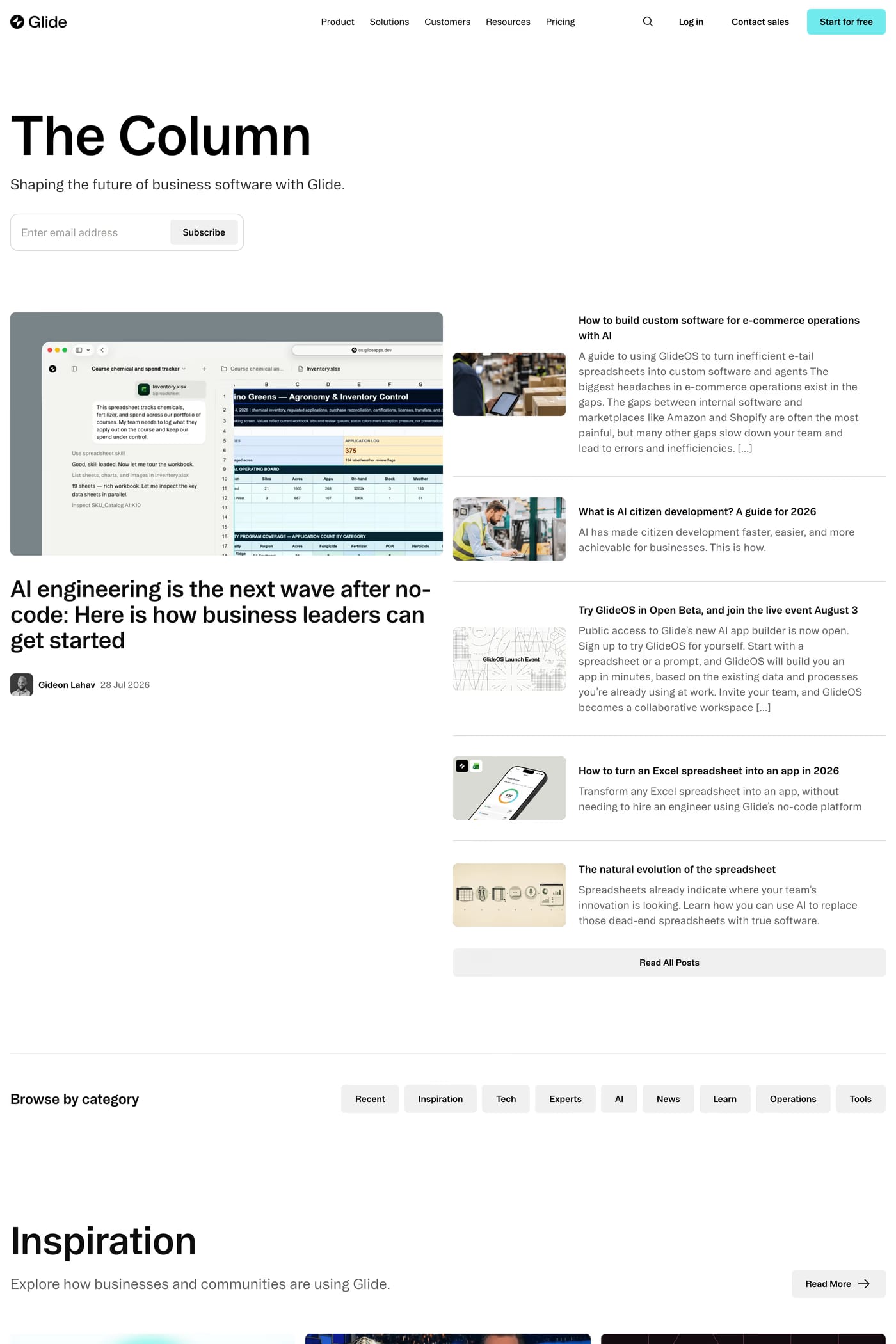 Glide — screenshot of the blog page