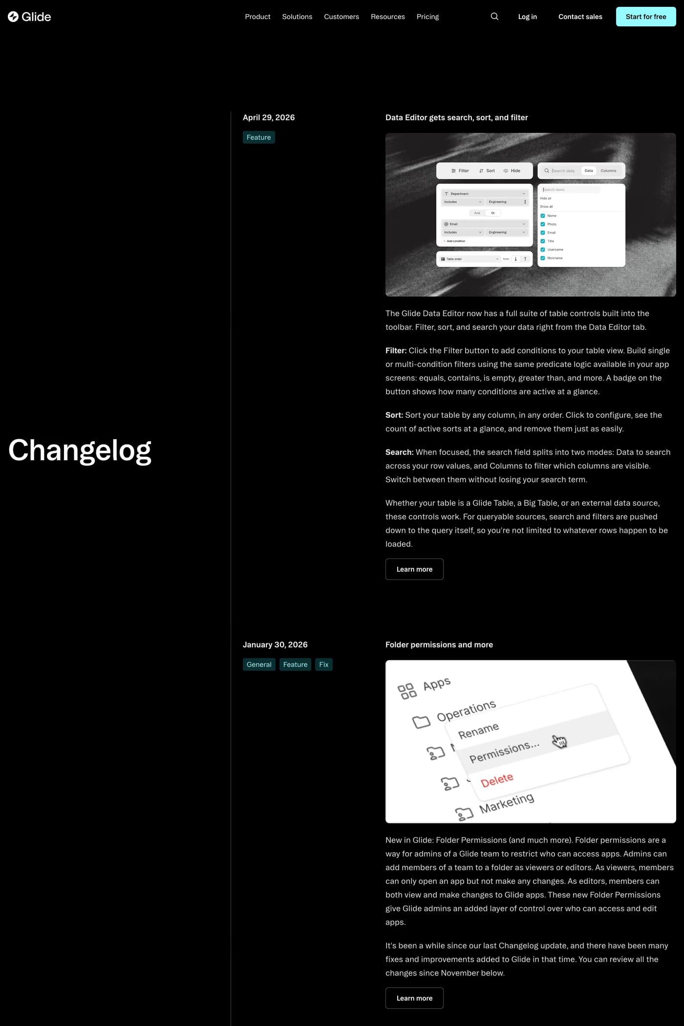 Glide — screenshot of the changelog page