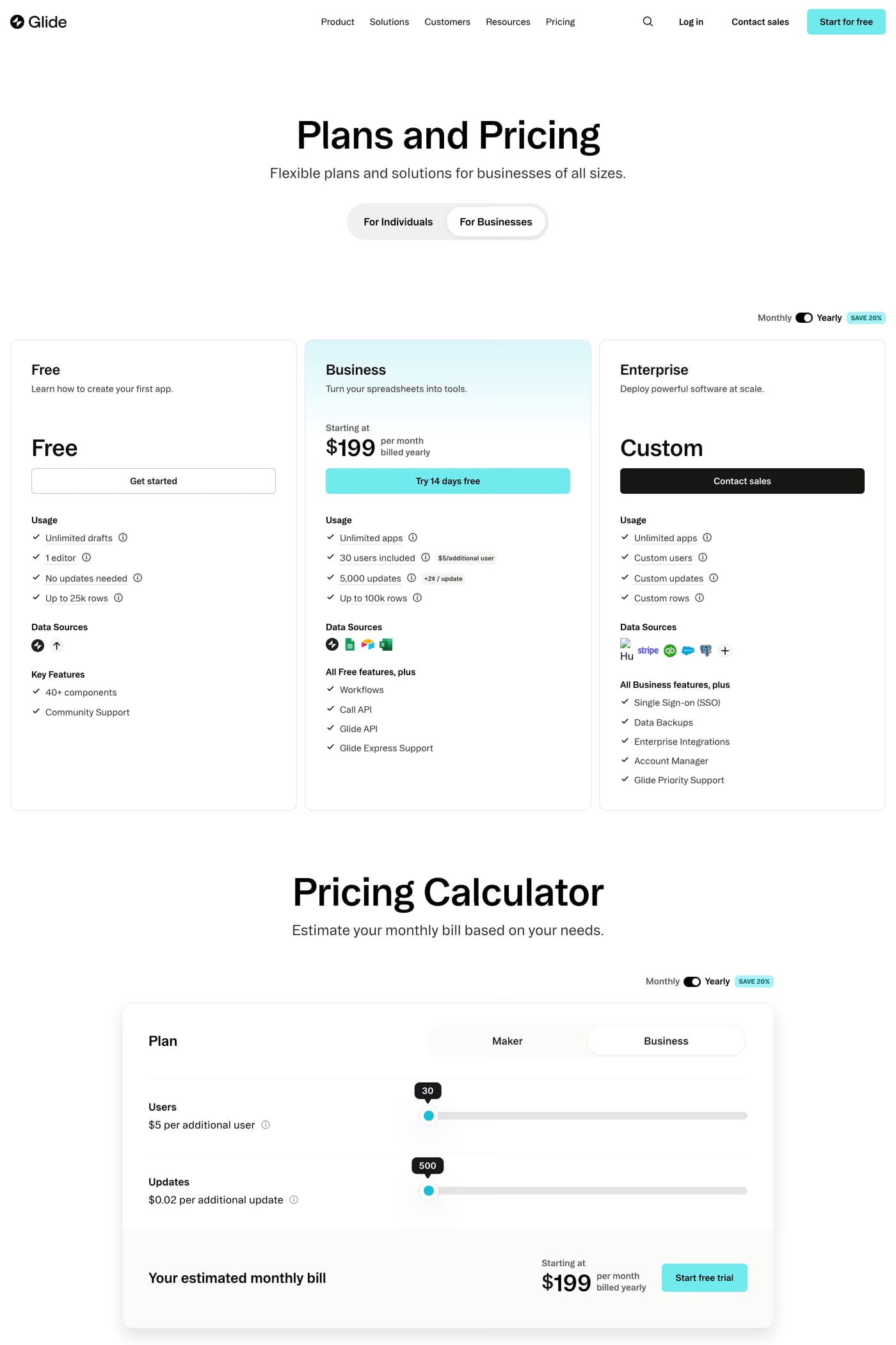 Glide — screenshot of the pricing page