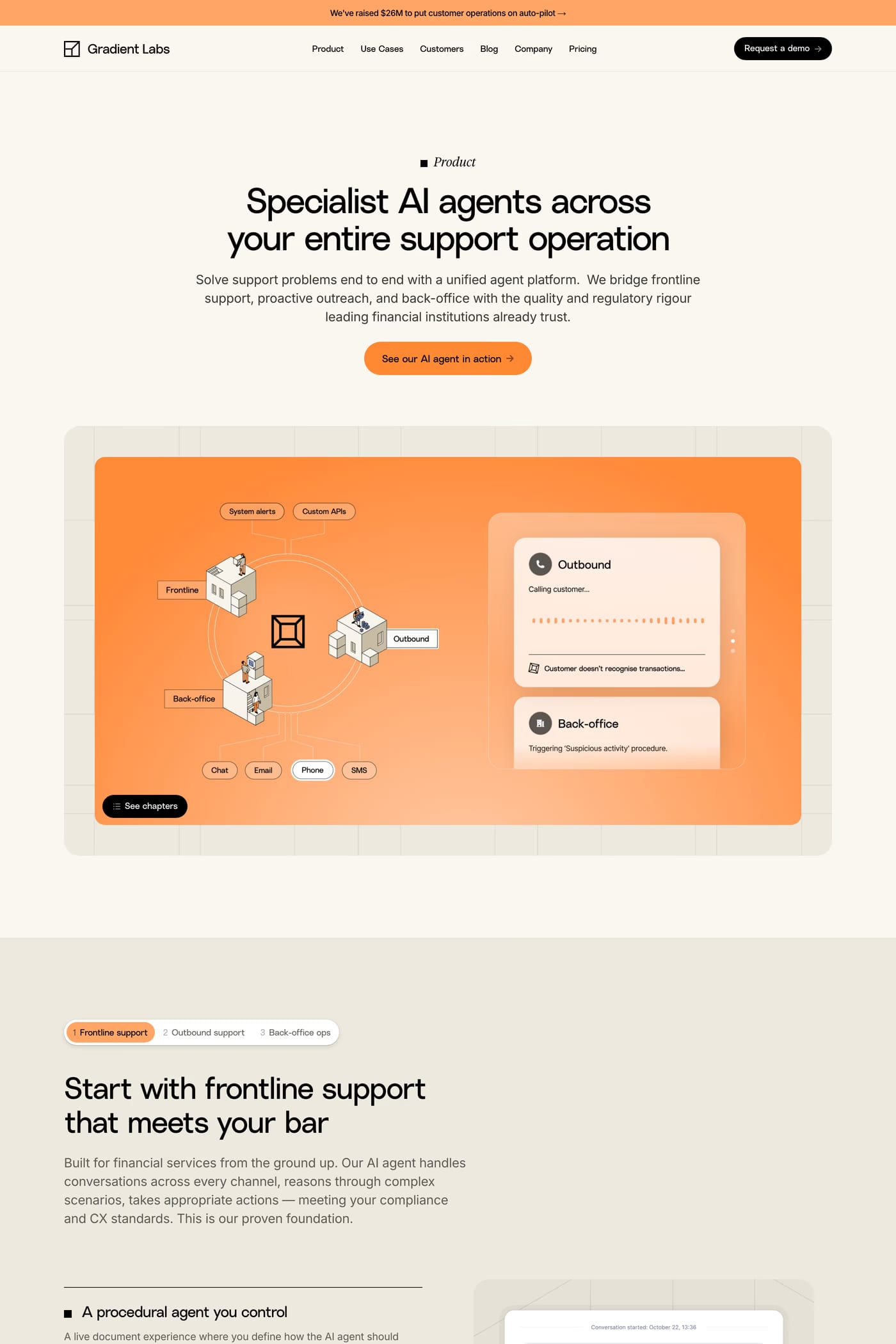 Gradient Labs — screenshot of the features page