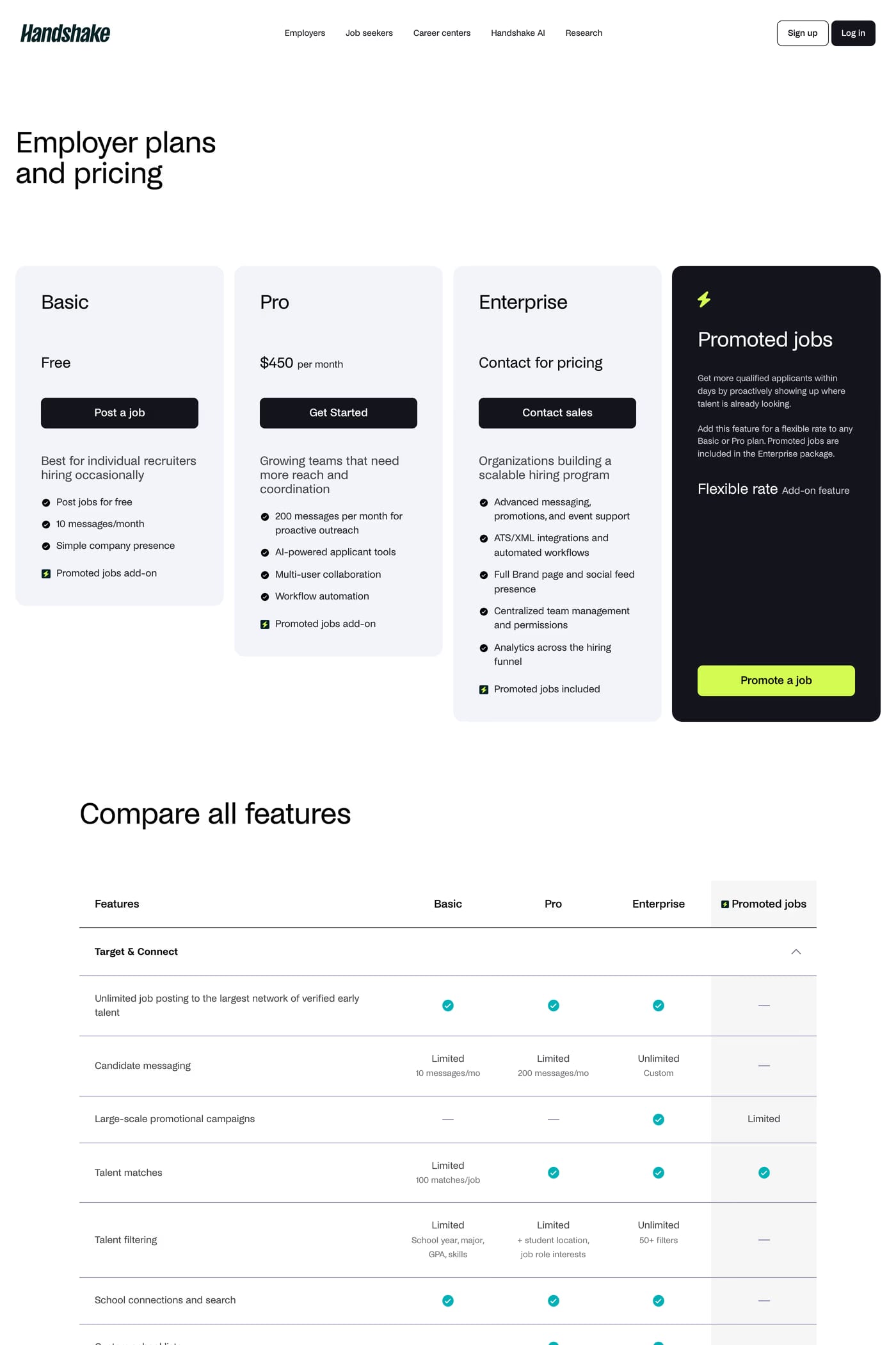 Handshake — screenshot of the pricing page
