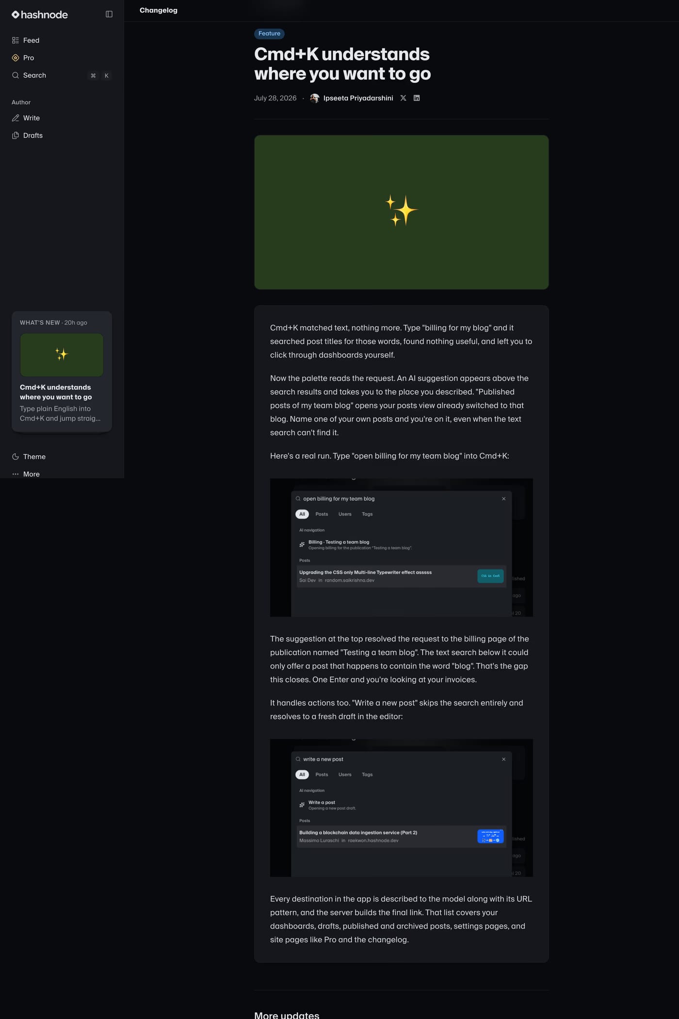 Hashnode — screenshot of the changelog page