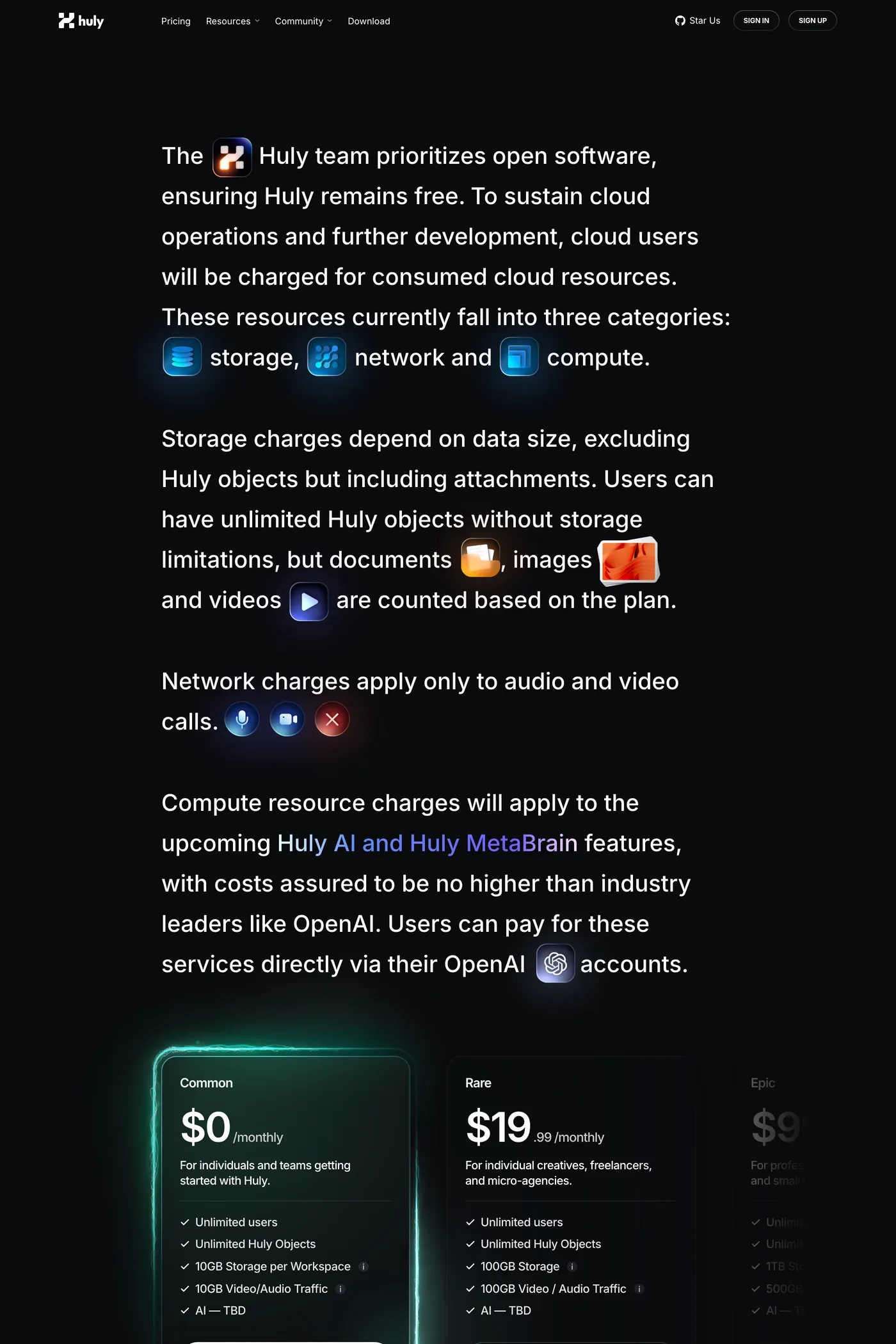 Huly — screenshot of the pricing page