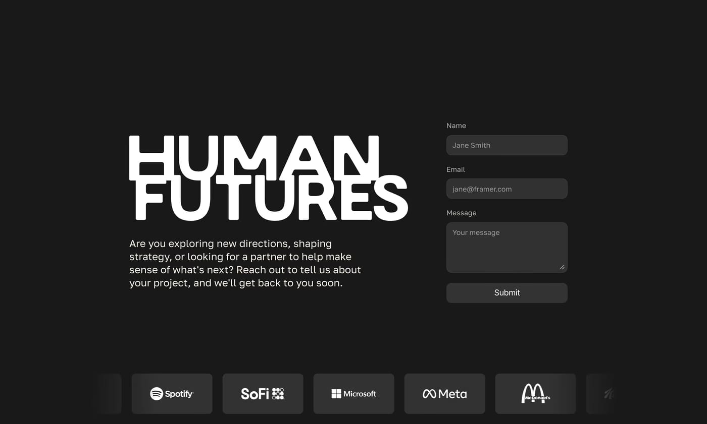Human Futures — screenshot of the contact page