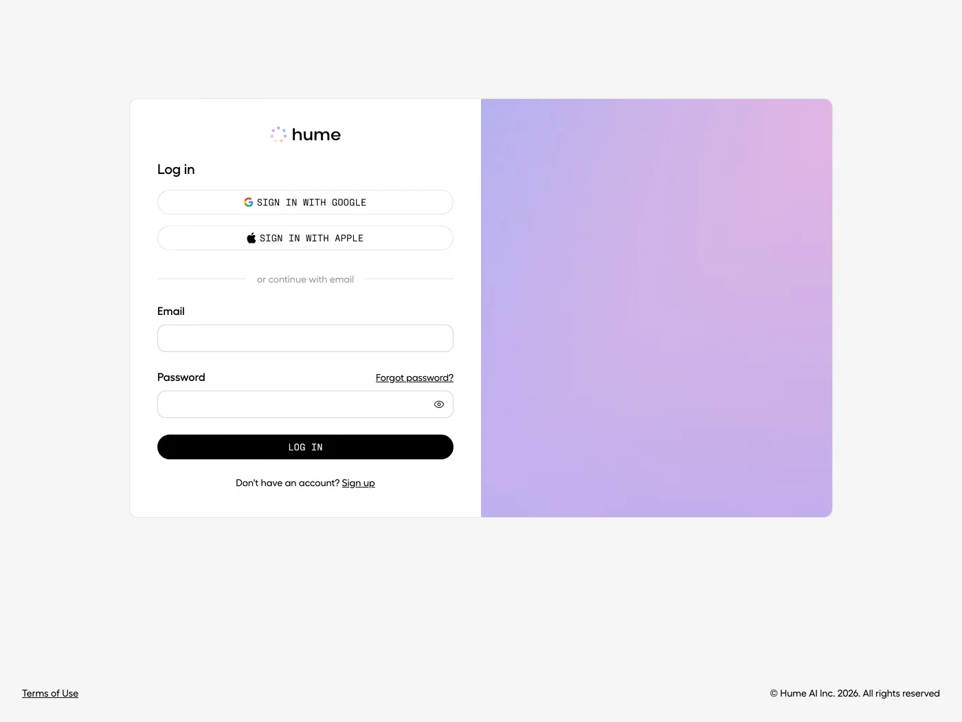 Hume AI — screenshot of the login page