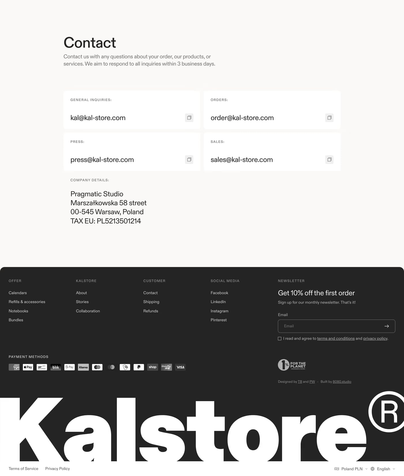 Kalstore® — screenshot of the contact page