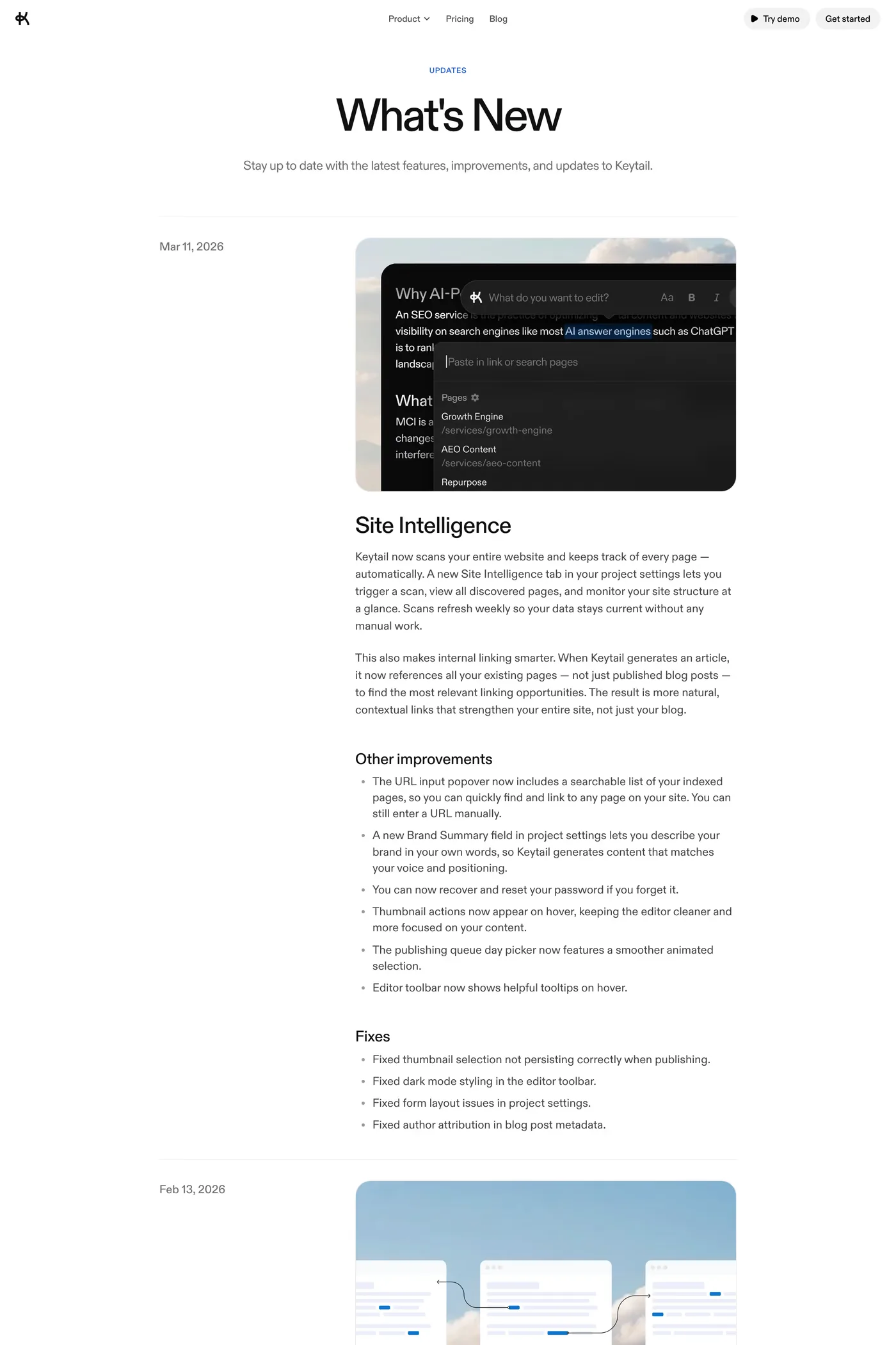 Keytail — screenshot of the changelog page