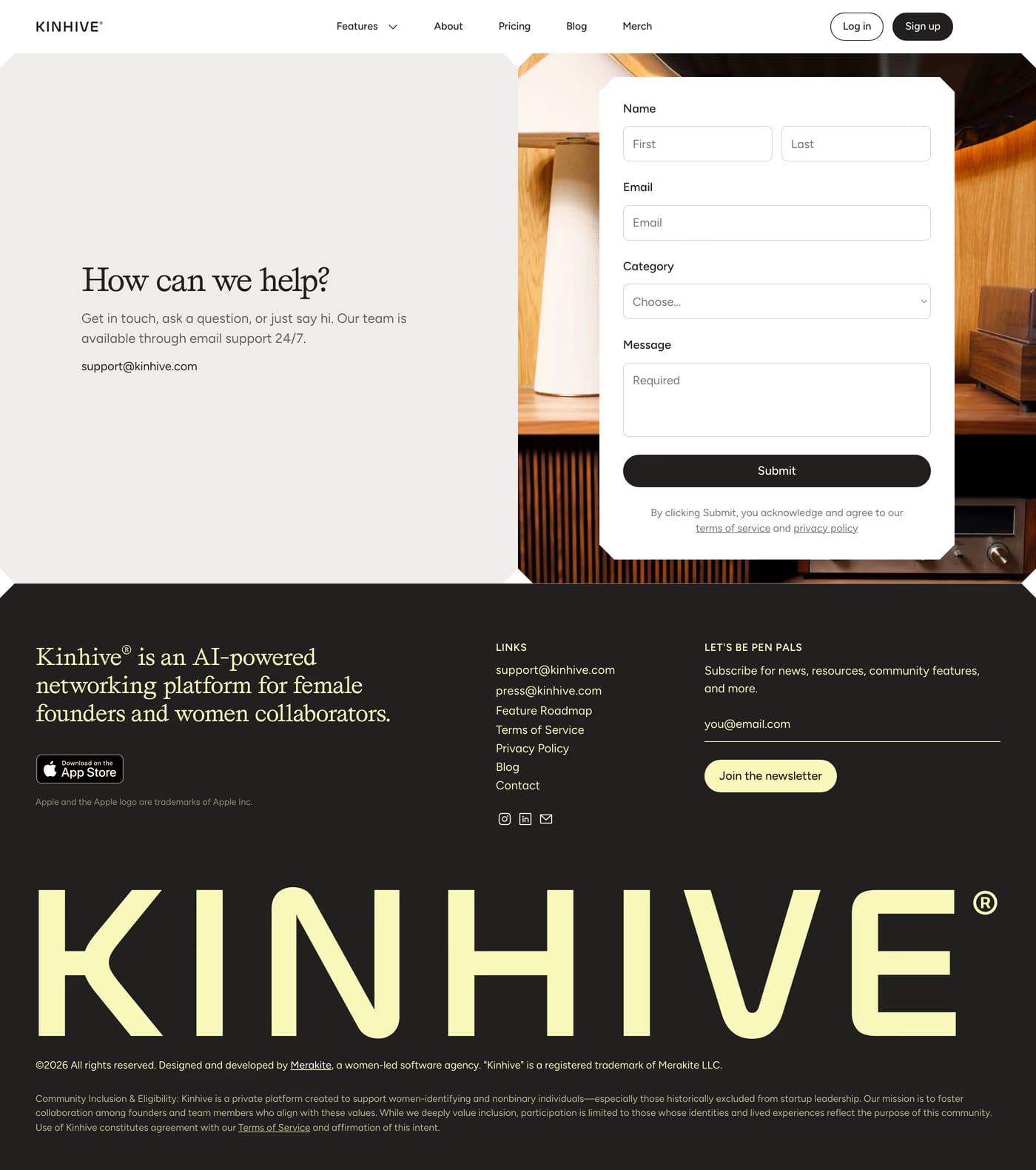Kinhive contact page