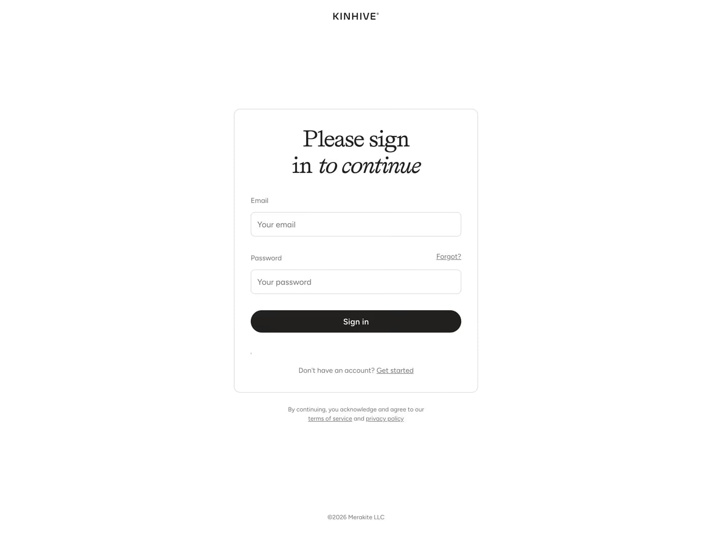 Kinhive login page