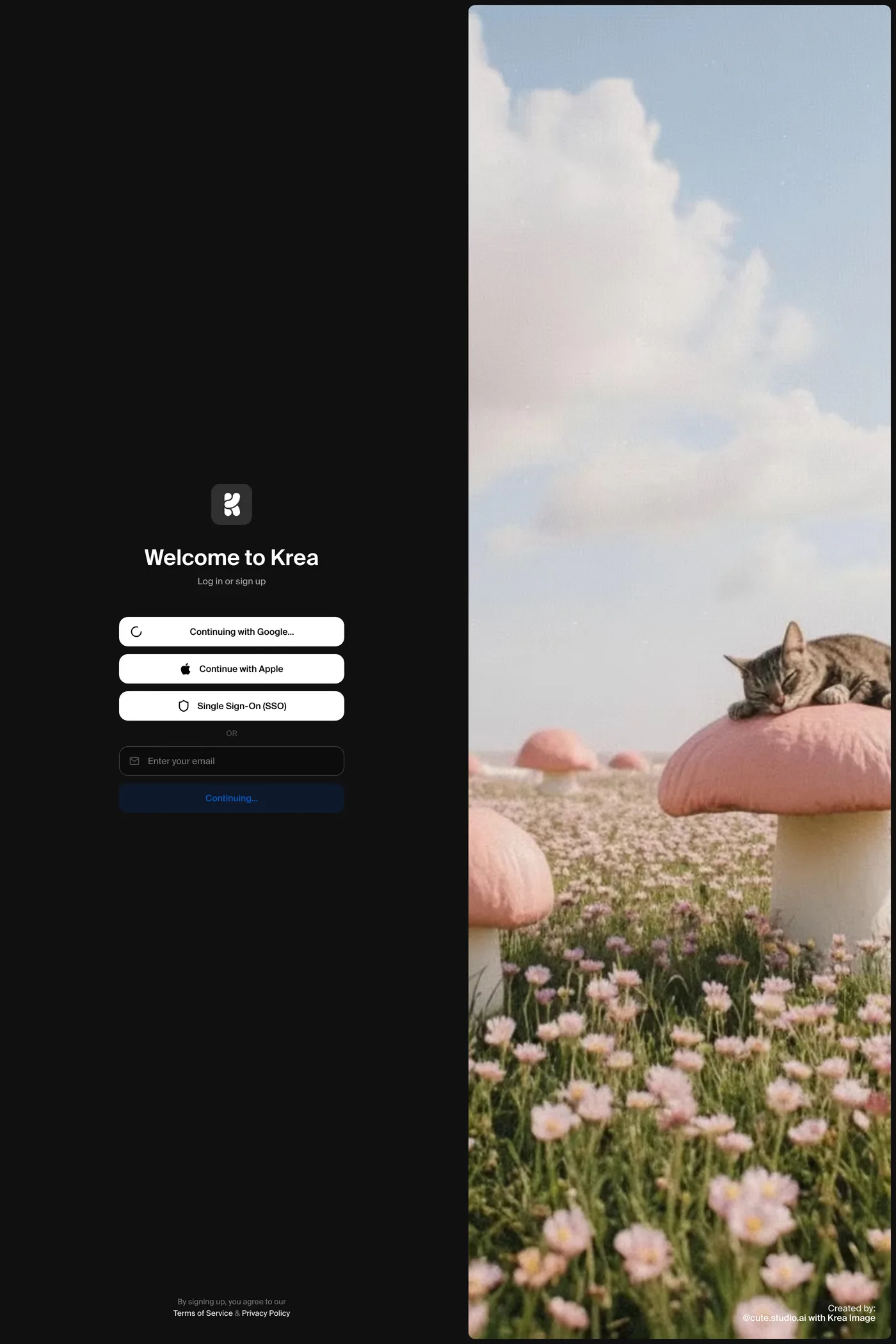 Krea — screenshot of the login page