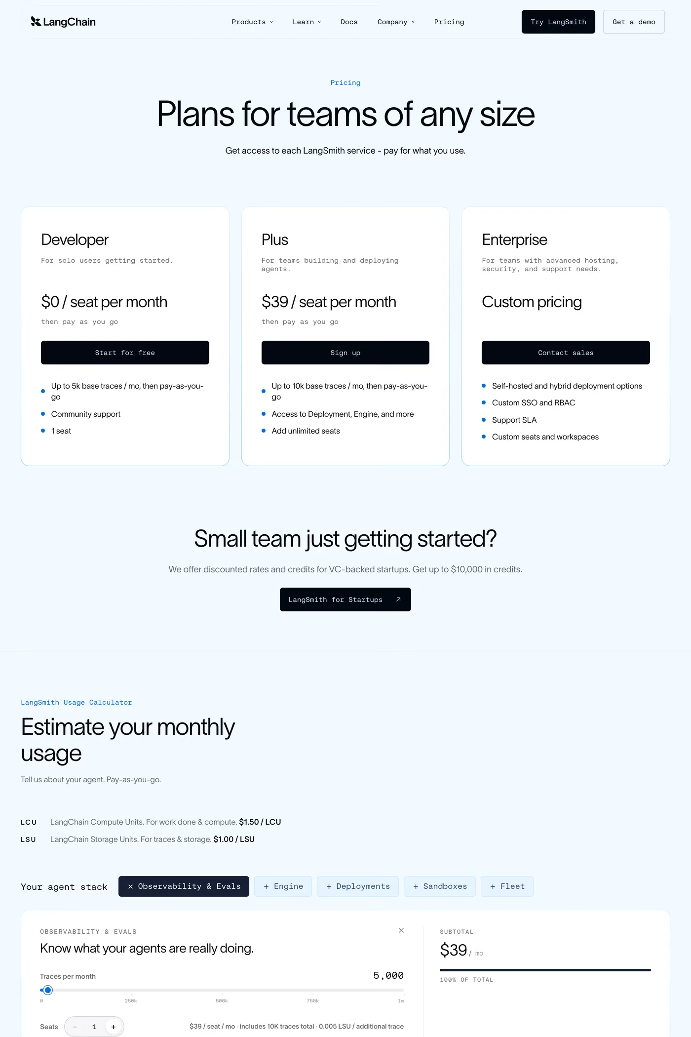 LangChain — screenshot of the pricing page