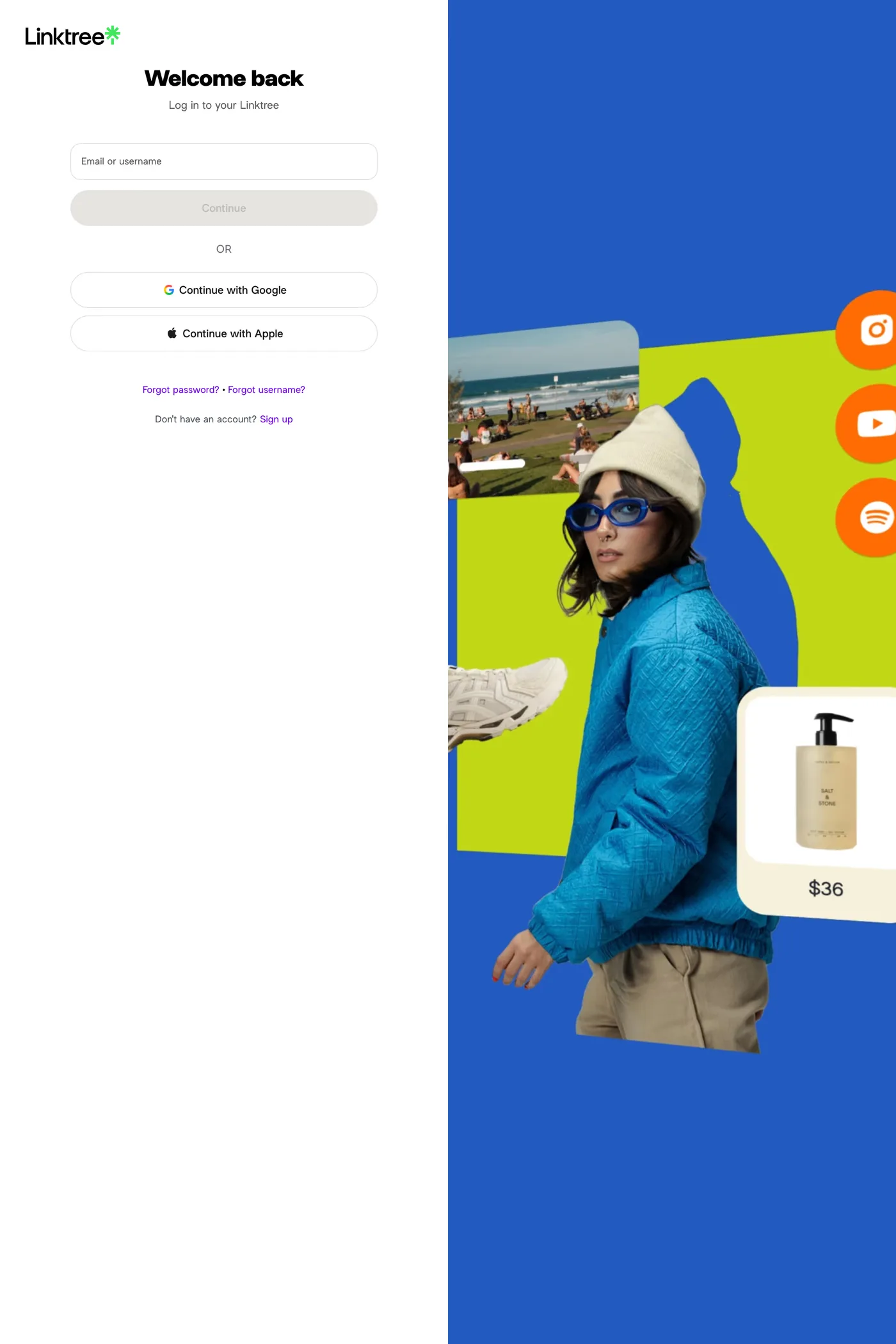 Linktree — screenshot of the login page