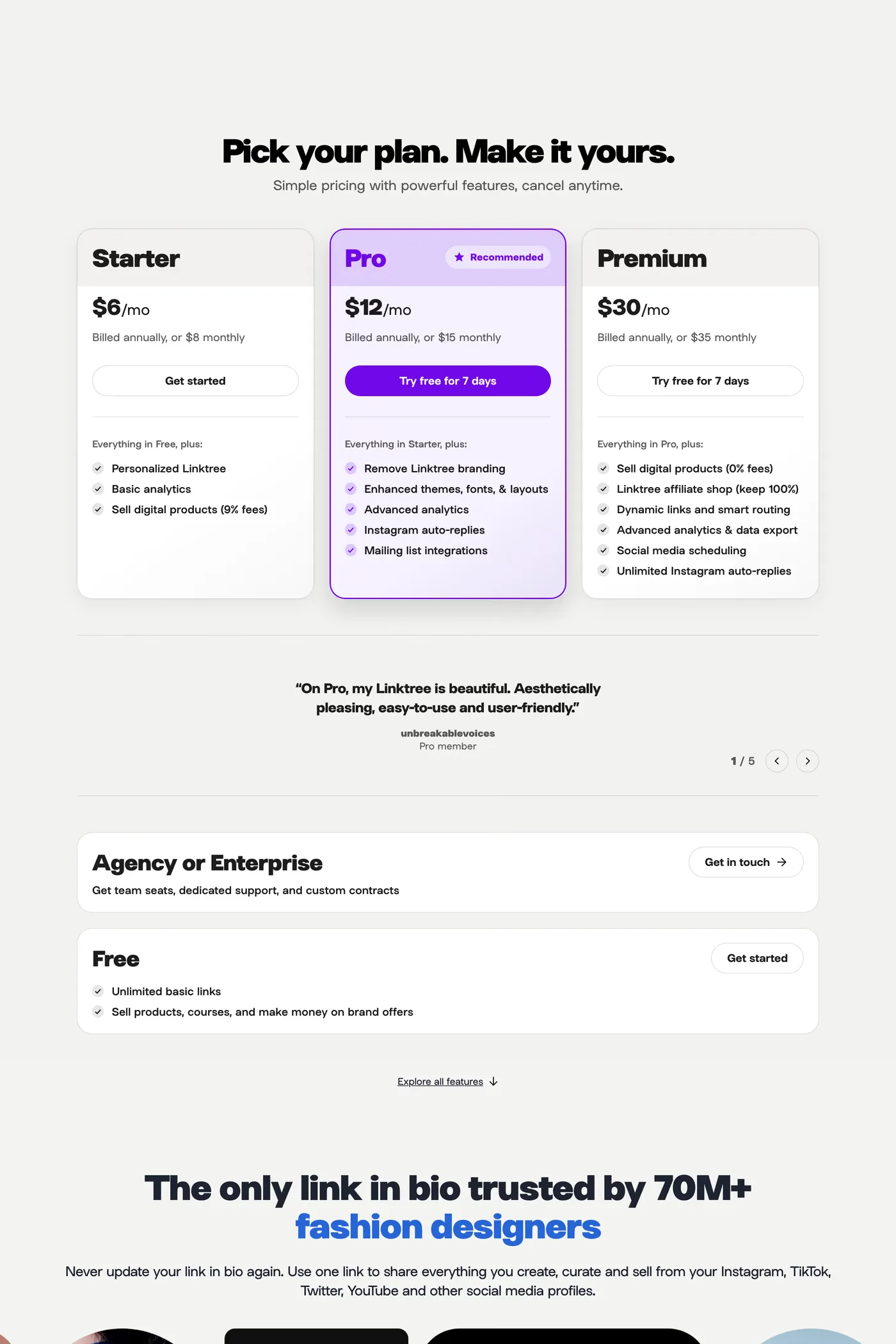 Linktree — screenshot of the pricing page