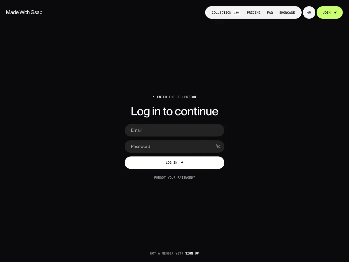 Made With Gsap — screenshot of the login page