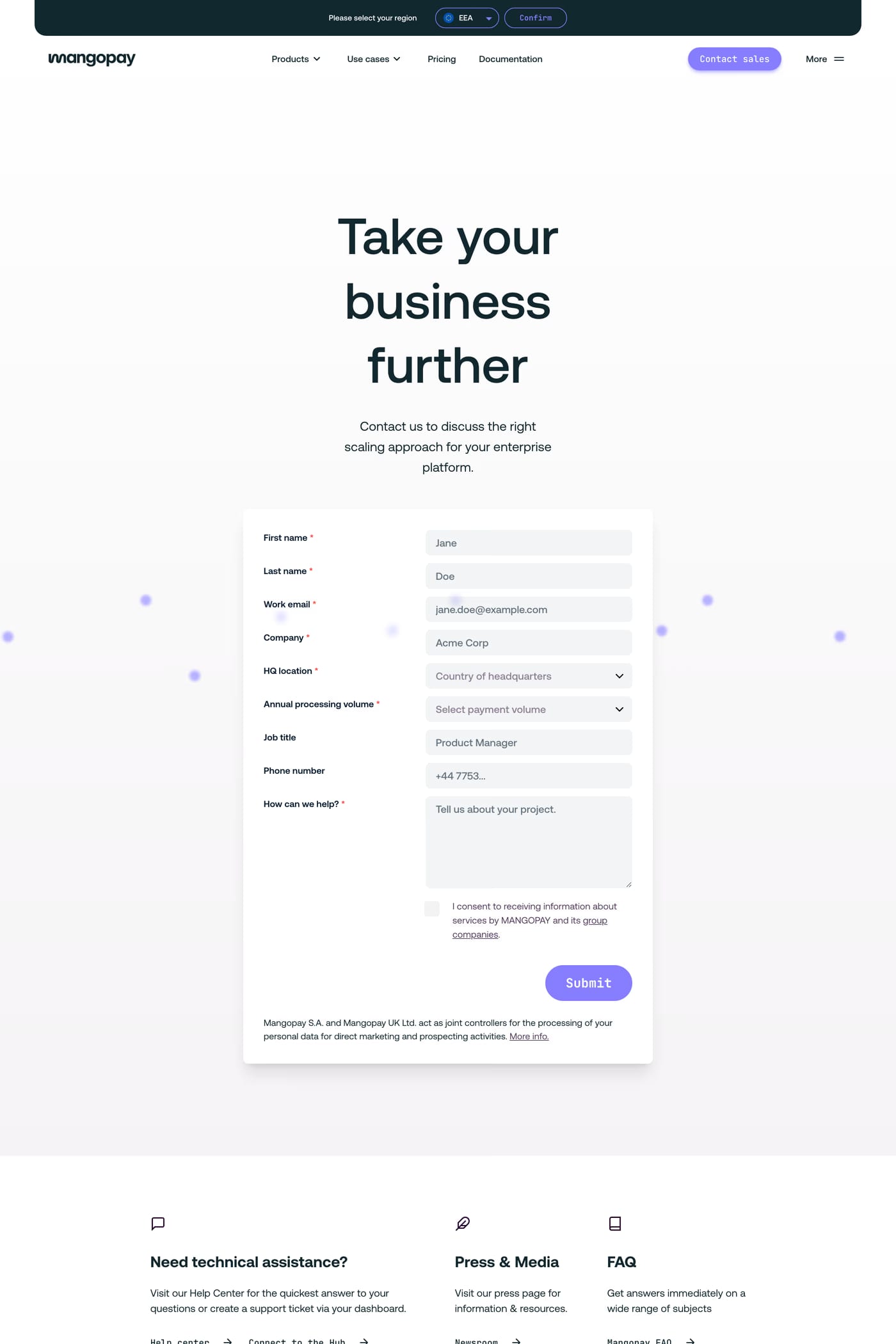 Mangopay — screenshot of the contact page