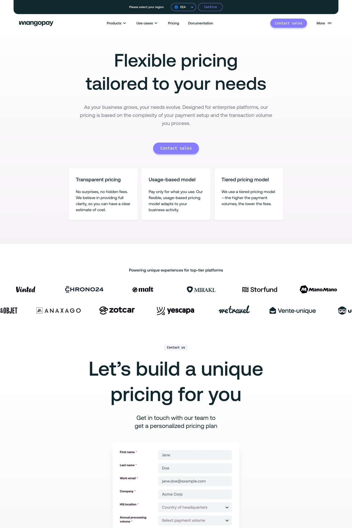 Mangopay — screenshot of the pricing page
