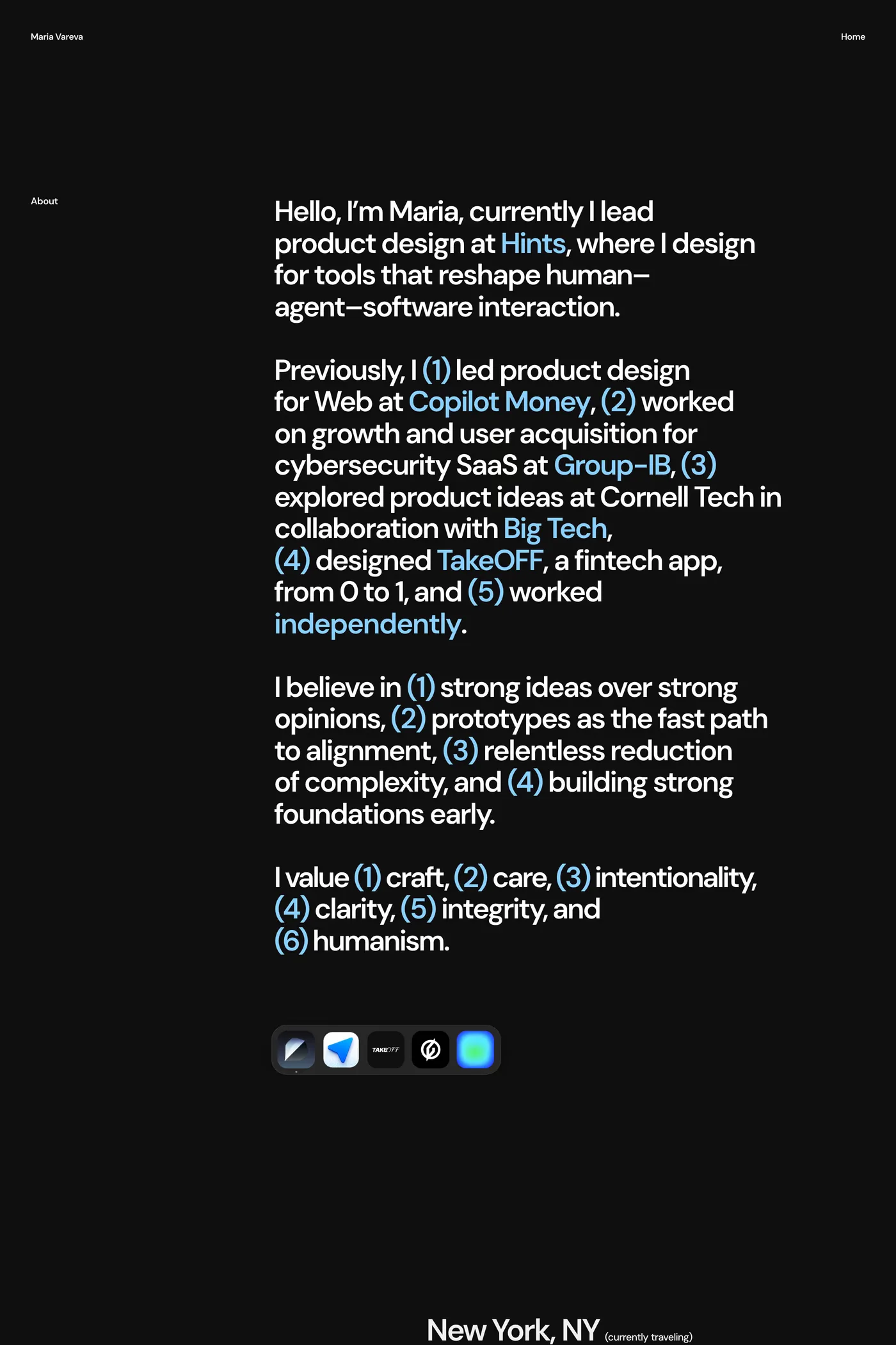 Maria Vareva — screenshot of the about page