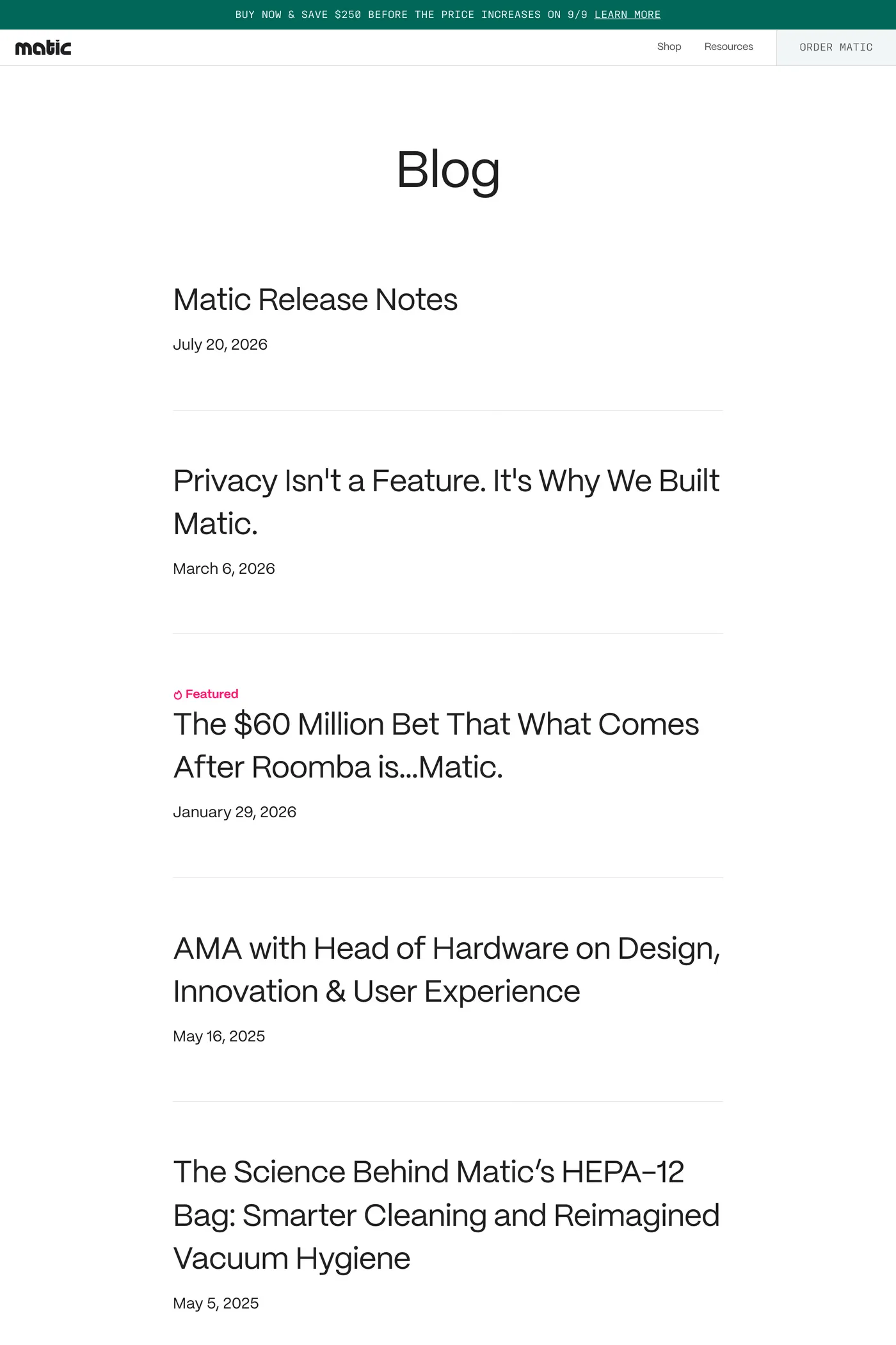 Matic — screenshot of the blog page
