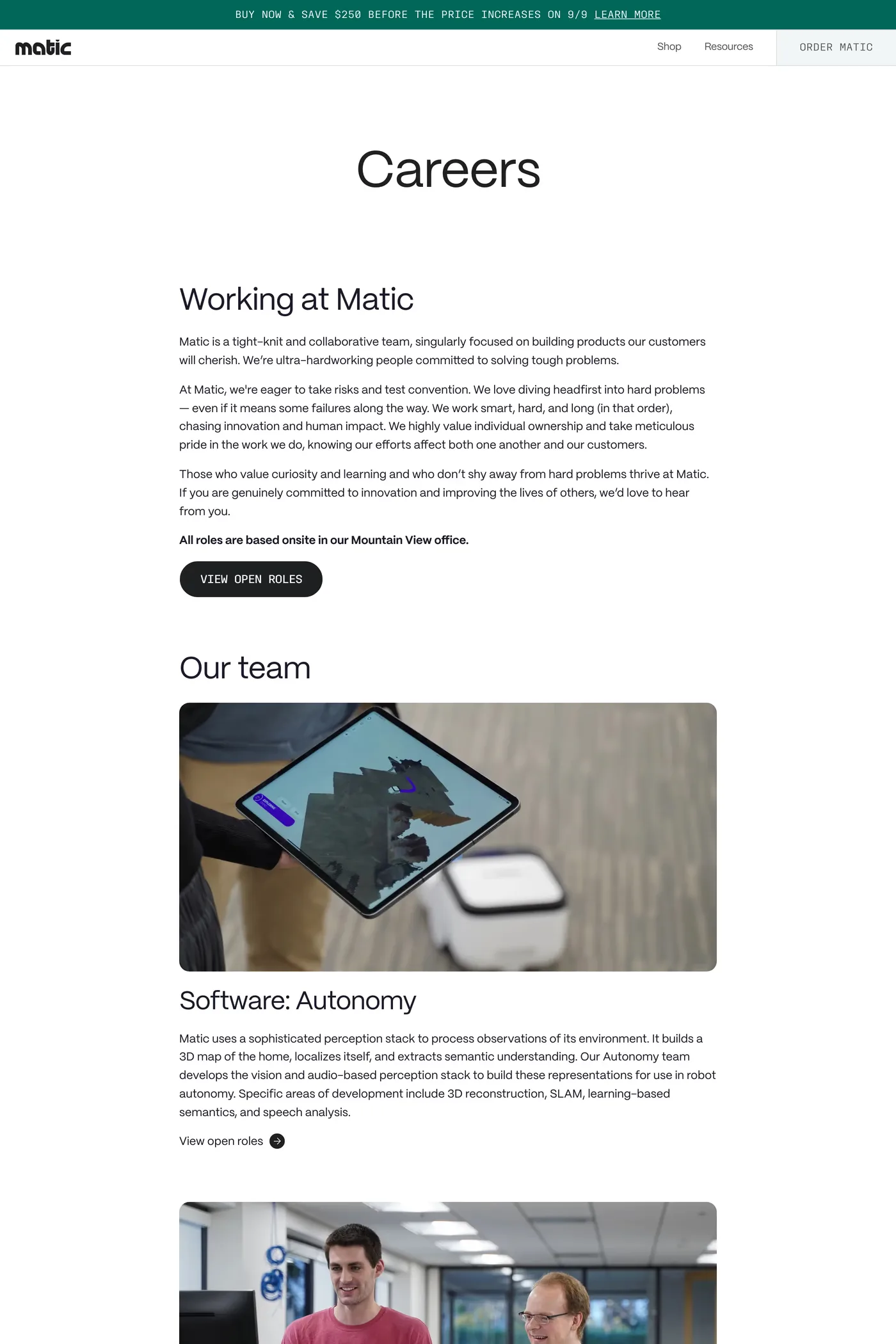 Matic — screenshot of the careers page