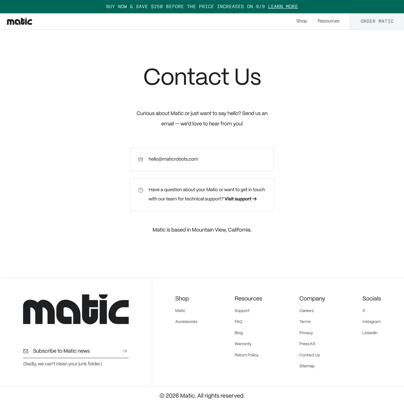 Matic — screenshot of the contact page